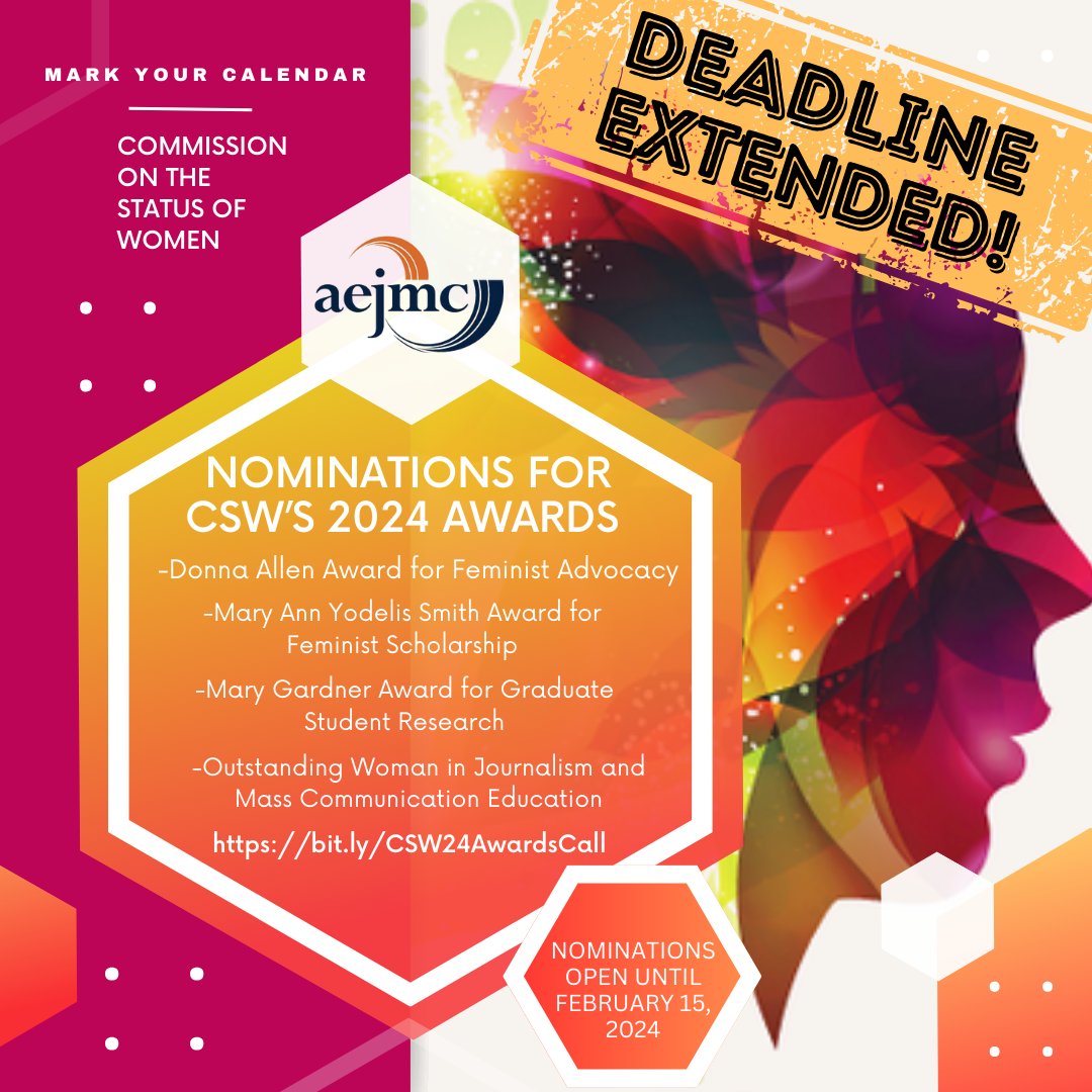 CommissionOnWomen (@csw_aejmc) on Twitter photo New deadline for:
-Outstanding Woman in Journalism & Mass Communication Award
-Mary Ann Yodelis Smith Award for Feminist Scholarship
-Mary Ann Yodelis Smith Award for Undergraduate Feminist Scholarship
Details: bit.ly/CSW24AwardsCall
Contact: <a href="/roxanecoche/">Roxane Coche</a> New deadline for:
-Outstanding Woman in Journalism & Mass Communication Award
-Mary Ann Yodelis Smith Award for Feminist Scholarship
-Mary Ann Yodelis Smith Award for Undergraduate Feminist Scholarship
Details: bit.ly/CSW24AwardsCall
Contact: <a href="/roxanecoche/">Roxane Coche</a>