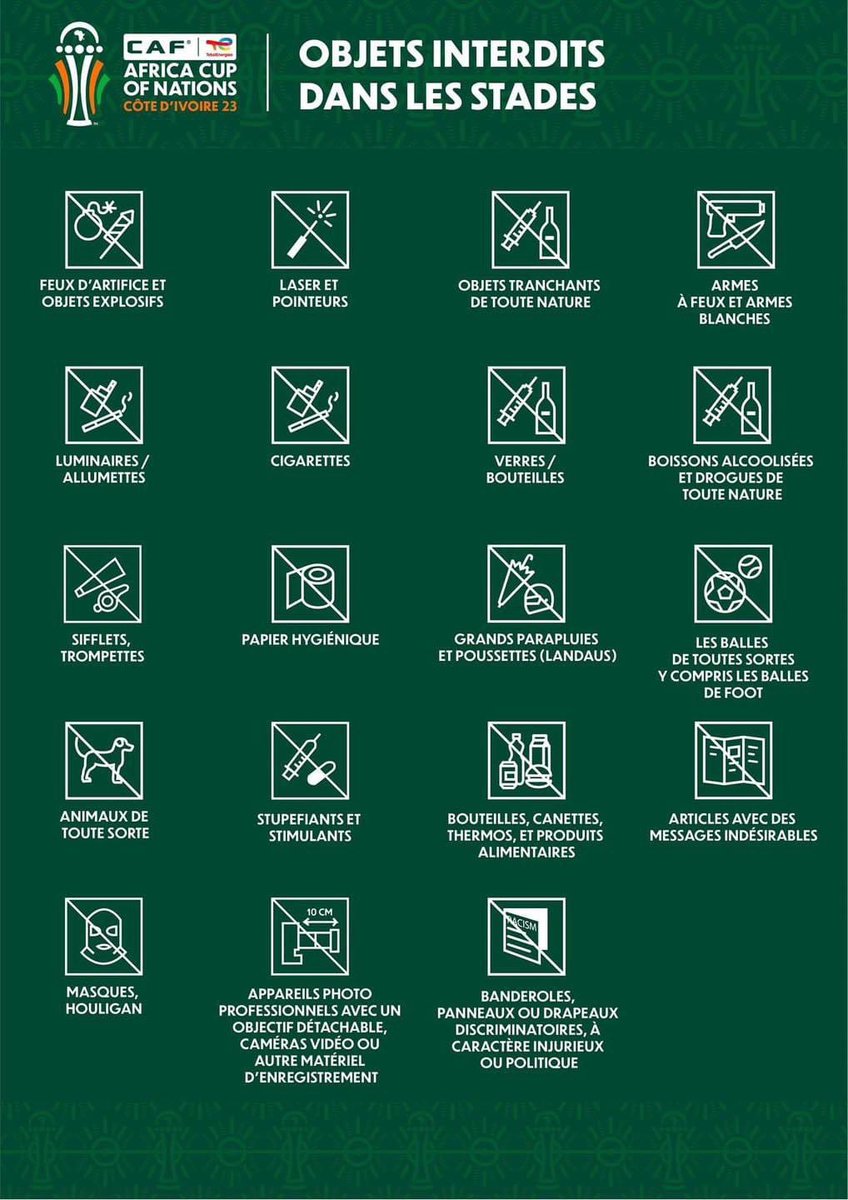 gakpenan's tweet photo. @Crl_Johnson La CAF a beaucoup communiqué sur les objets interdits au stade. Ces mesures sont appliquées à tout le monde sans exception. Les algériens ne sont pas les seuls a en faire les frais. https://t.co/b6GP2MuwN6