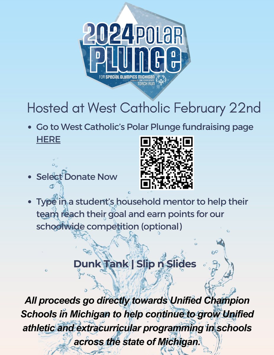 GRWestCatholic's tweet image. Today we announced our first-ever Polar Plunge for @SpOlympicsMI! You can support our students and SOMI athletes by making a contribution to help us reach our goal. Donate now at bit.ly/WCpolarplunge.  #polarplunge #FreezinForAReason