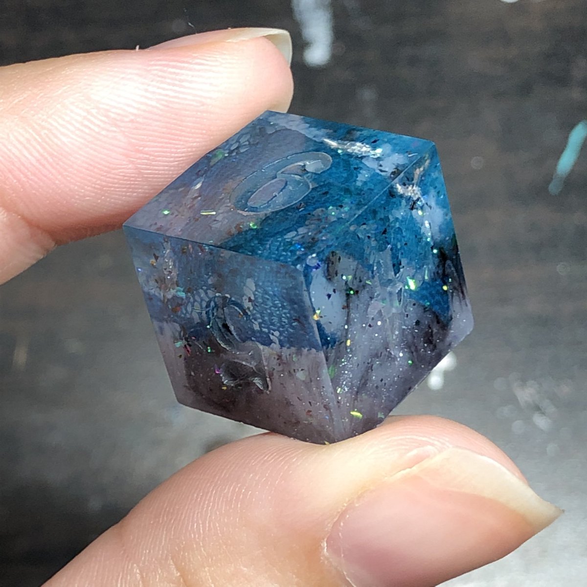 HealersHug's tweet photo. .This set came out beautifully, only one little bubble in the d6 that can be patched easily. I absolutely love how the blue green lace looks in this set. 

#handmadedice #dice #diceset #dnd #dungeonsanddragons #ttrpg #dicemaking #dicegoblin #dicemaker https://t.co/KlVujEkMow
