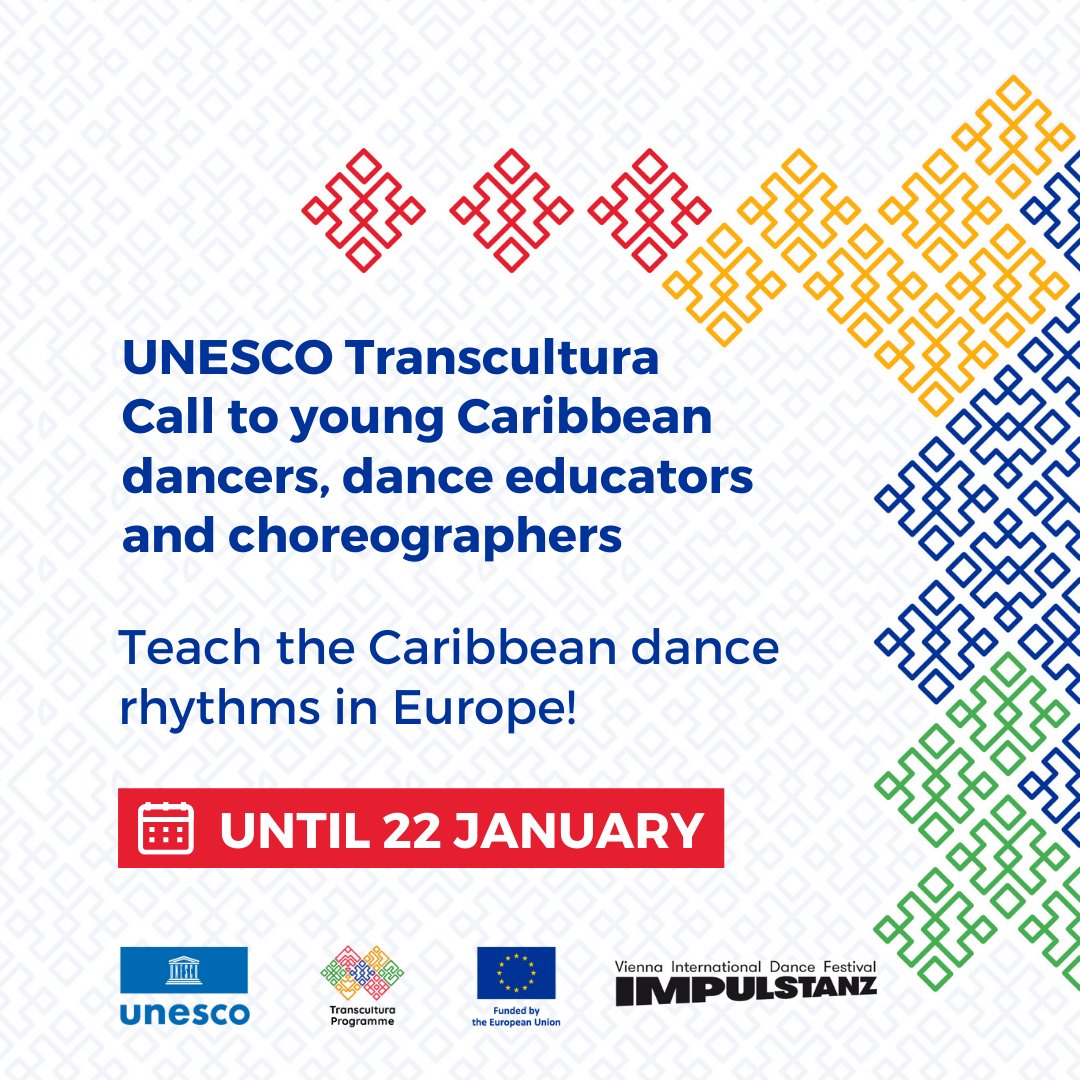 📣Opportunity alert! The <a href="/UNESCO/">UNESCO 🏛️ #Education #Sciences #Culture 🇺🇳</a> #Transcultura programme, funded by the 🇪🇺, is teaming up with #ImPulsTanz 🇦🇹 to offer 3 young Caribbean dancers, dance teachers or choreographers a residency at the Vienna International Dance Festival.
Apply now!   smpl.is/8i19w