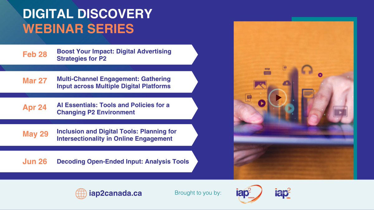 Boost your impact and enrich your digital presence! Join us for the 2024 #DigitalDiscoverySeries brought to you by @IAP2Canada &amp; <a href="/IAP2USA/">IAP2 USA</a>! Elevate your #DigitalEngagement skills with this 5-part series led by <a href="/zannalyons/">Susanna Haas Lyons (she / her) @zannalyons@techhub</a> and seasoned experts. iap2canada.ca/event-5569542