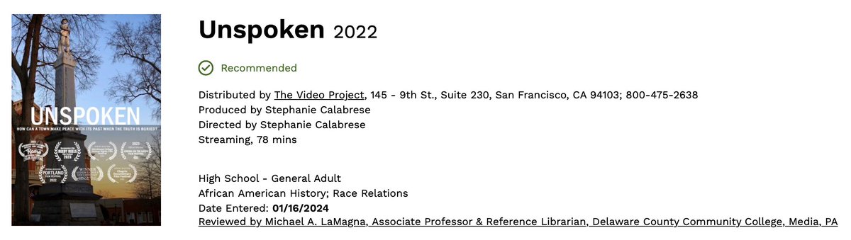 DocFilmUNSPOKEN's tweet photo. So grateful to share UNSPOKEN has been reviewed and RECOMMENDED by Educational Media Reviews Online! We hope this helps encourage academic institutions to acquire the film for their students. Read the review here: https://t.co/NyJwvlwHq8 https://t.co/FlTO4ilYlT