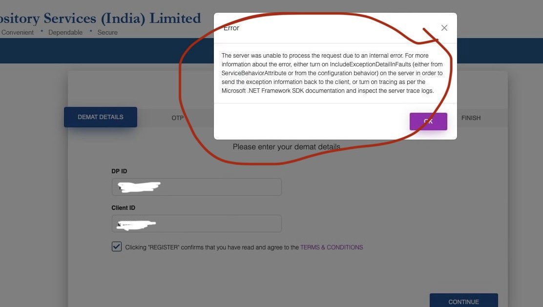 CDSL <a href="/CdslIndia/">CDSL – Central Depository Services India Ltd</a> website asking me (the user) to fix their server issue. 🤔