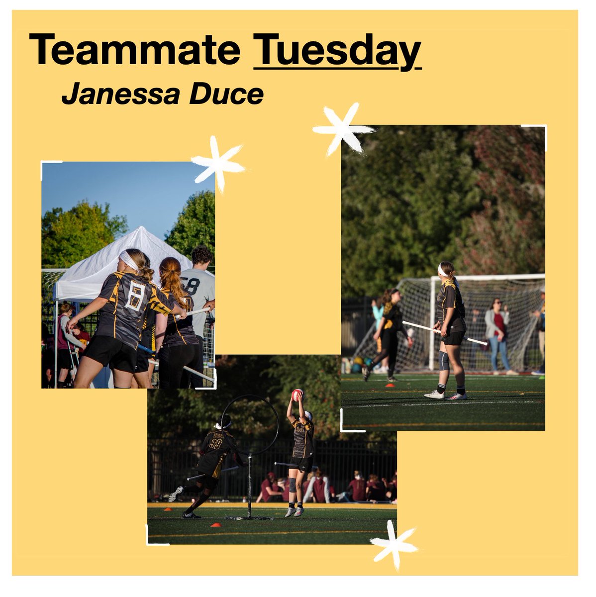 Our next player highlight is Janessa Duce!

Number: 22

Position: Chaser, beater, seeker

Years on team: 2

Major: Business Management

Favorite thing about Quadball: Close community around the nation

Favorite Teenage Mutant Ninja Turtle: Master rat

📸: Fredericko Fookes