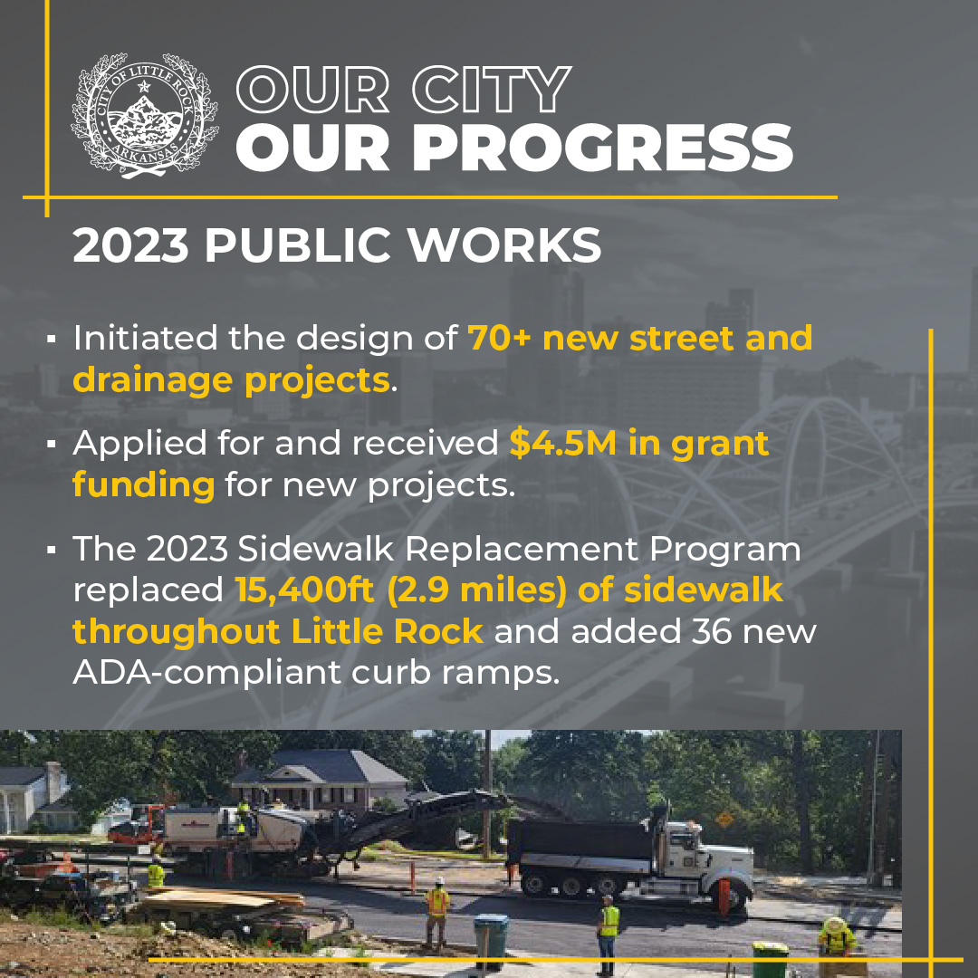 CityLittleRock's tweet photo. Embracing progress in our city!
A big thank you to our dedicated Public Works crews for their exceptional work on sidewalks, drainage projects, and ADA-accessible ramps in 2023. Excited about what we'll achieve #TOGETHER in 2024!
#OurCityOurProgressLR #CLRProgress #LittleRock https://t.co/6lcm16MDFB