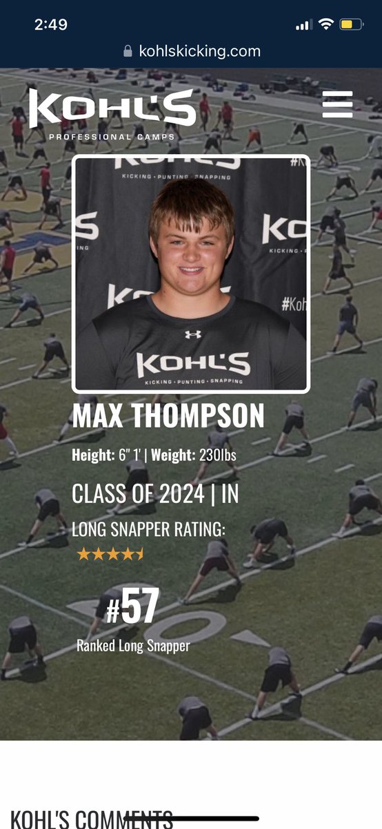Max_thompson58's tweet photo. I got the opportunity to compete at Midwest Combine in Chicago and I’m excited and extremely blessed to be upgraded to a 4.5 ⭐️ long snapper! I appreciate the great write up and definitely got stronger as the day went along. Working for continued improvement! @KohlsSnapping https://t.co/stBFvotnv7