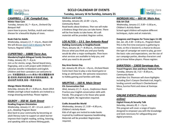 Our libraries are back open today after the Martin Luther King Jr. holiday. Here's a quick look at the free programs happening in our libraries this week. Find the full calendar at sccld.org/events
