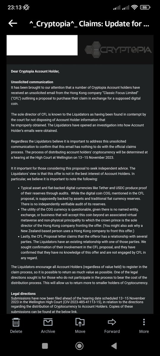 Crypt0nan's tweet photo. @Donfrank2 @BitcoinBalki This is the email from the official Cryptopia account https://t.co/yhk8gX2NBJ