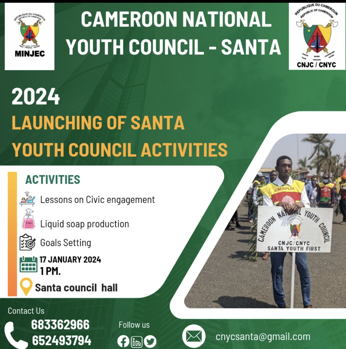 cnycsanta's tweet photo. Exciting launch! Cameroon National Youth Council - Santa Chapter kicks off 2024 activities with the theme "Empowerment." Join us for transformative workshops, mentorship, and numerous opportunities. Together, let's empower our youth for a brighter future. https://t.co/Aw9AWsndua