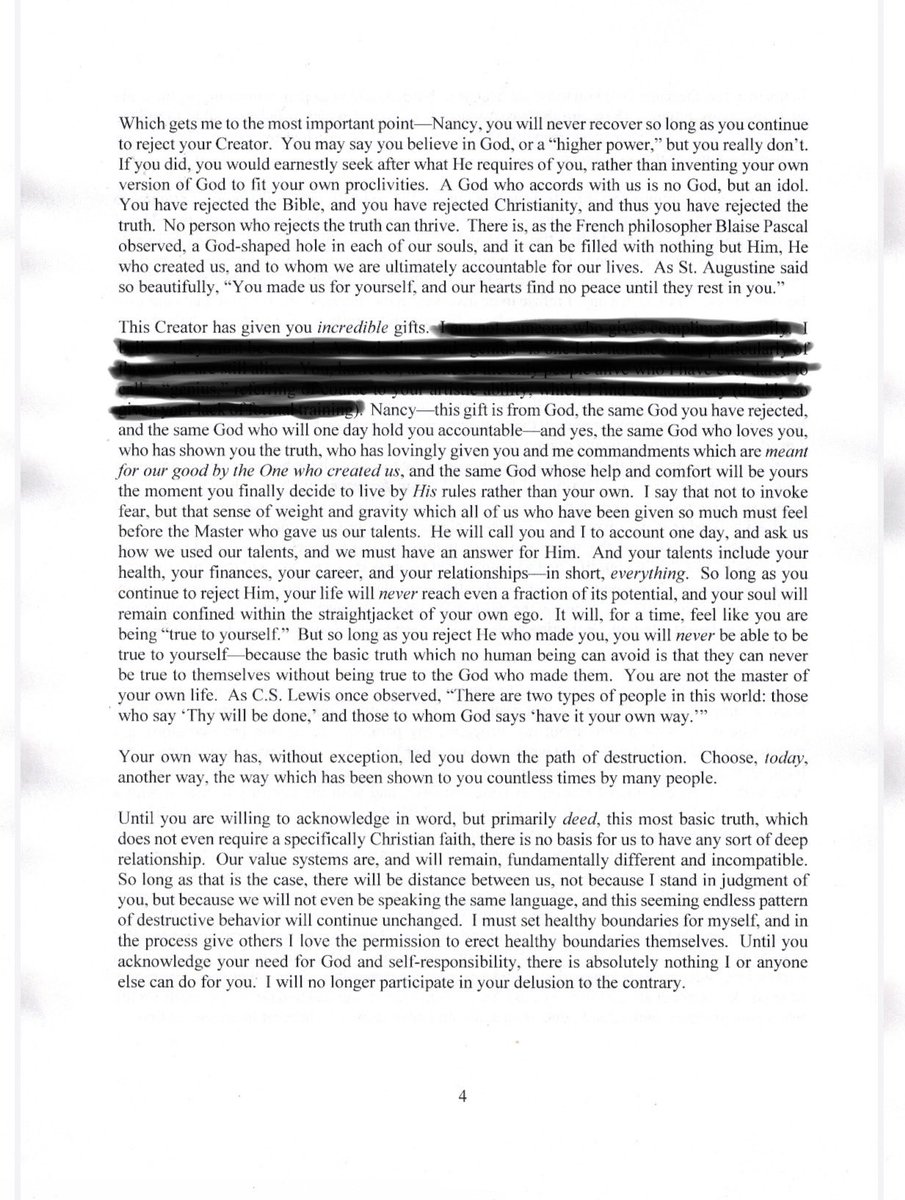 cancelwok3's tweet photo. The truth is the most loving thing that you can give to someone. The truth can be hard though. Painful for both the deliverer of truth, as well as the receiver of truth. 

I engaged with a lot of Catholics over the past week who disagreed with my take on “LGBTQ” Catholics. Many made the argument that we must use “their” language in order to reach them. 

The problem I take with that, is that words matter. The precision of language is important beyond comprehension. It’s the difference between the clarity of truth or the fog of ambiguity. 

There seems to be this notion among liberal Catholics that in order for the LGBTQ community to feel welcome in the church, that we must cater a new type of message for them. We treat them as fragile and unable to hear hard truths. 

I’m actually quite shocked at how many Catholics actually believe that you can be in an active gay lifestyle and still be a Catholic in good standing. That’s a slap in the face to all the other SSA Catholics who have literally given up everything to follow Christ. 

God forbid, we tell them right off the bat that they are called to live a life of chastity; they may run for the hills and won’t ever feel welcome in the church. 

I say, let them run then. Not because I don’t desire their coming to Christ, but because the churches job is to be the arbiter of truth. What good is their presence in the church if we’ve misguided their soul? 

We are not only doing them a huge disservice but we are gravely damaging them if we suggest that they can be LGBTQ at the same time as being Catholic.

Our job is to deliver the truth to people. Not to change language in order to trick them into coming into church. 

6 years ago I was struggling to get clean again off drugs in yet another round of rehab. I had nothing to my name. 

Afterwards I lived in a halfway home for an entire year where I had to pee in a cup once a week to prove I was staying clean. 

I had no money, no car, nothing. I took public transportation back and forth to a job that barely paid me enough money to keep my spot at the halfway home. 

I was extremely sensitive and emotionally damaged beyond what most people in my life would have considered repairable. As far as anyone else was concerned, I was a lost cause. 

During that period of my life, the only person who told me the truth (albeit hurt like hell), was my brother.(@JoshuaTCharles)

He drafted me a 5 page letter, telling me gently yet firmly a truth that no one else ever would have done for me. 

He, in so many words, told me that until my identity rests in God, I will never know peace (see the letter below). 

Till this day I consider it to be one of the most painful yet pivotal moments of my life. 

It took me 6 years after that letter to finally make it into the church and surrender my life to God. But his patience and his sincere love for me planted a powerful seed in my heart that day. 

A seed that 6 years later, prompted me to beg God for him to show me that he was real, when I had hit the absolute lowest rock bottom I had yet to hit in my life. 

For those who have seen my story; You know that I almost killed myself that day…but instead of killing myself, I begged God to show me that he was real; to which He did!

If my brother wouldn’t have told me the truth 6 years earlier, would I have had any desire to seek the truth in my absolute darkest moment? Isn’t that where God meets us? 

Catering a watered down message of truth to people just to get them in the door is not what they want. They may think they want that now, but the soul longs for real truth. 

If you tell them the truth today, they will know where to find the truth when they are ready to concede to it. Sometimes that means they have to hit the absolute lowest points in their life, before they are finally ready to surrender. 

To diminish Gods word, is to undermine what God is capable of doing.