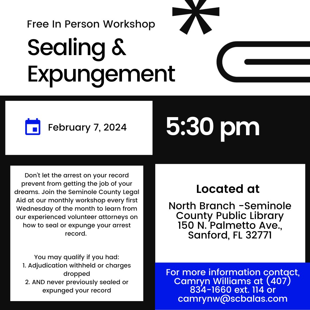 In a week, we will be at the Sanford library for our in-person Sealing and Expungement workshop at 5:30pm. Come in person to learn about the Sealing and Expungement process from our experienced volunteer attorney. #Sealing #ClearYourRecord #FreeLegalAid #FreeLegalAdvice