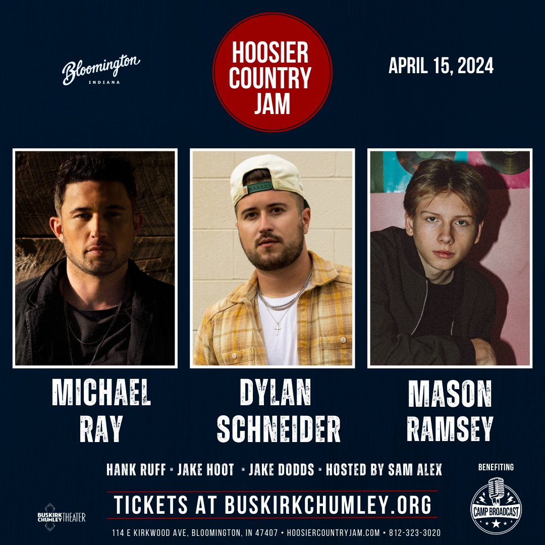 Mason Ramsey (@masonramsey) on Twitter photo Can't wait for this show with <a href="/Michaelraymusic/">Michael Ray</a> and <a href="/DylanSchneider/">Dylan Schneider</a>!
Presale begins Wednesday 1/17 at 10am ET (code: JAM) & Public on sale begins this Friday 1/19 at 10am ET⚡️⚡️
Tickets here- buskirkchumley.org/event/hoosier_… Can't wait for this show with <a href="/Michaelraymusic/">Michael Ray</a> and <a href="/DylanSchneider/">Dylan Schneider</a>!
Presale begins Wednesday 1/17 at 10am ET (code: JAM) & Public on sale begins this Friday 1/19 at 10am ET⚡️⚡️
Tickets here- buskirkchumley.org/event/hoosier_…