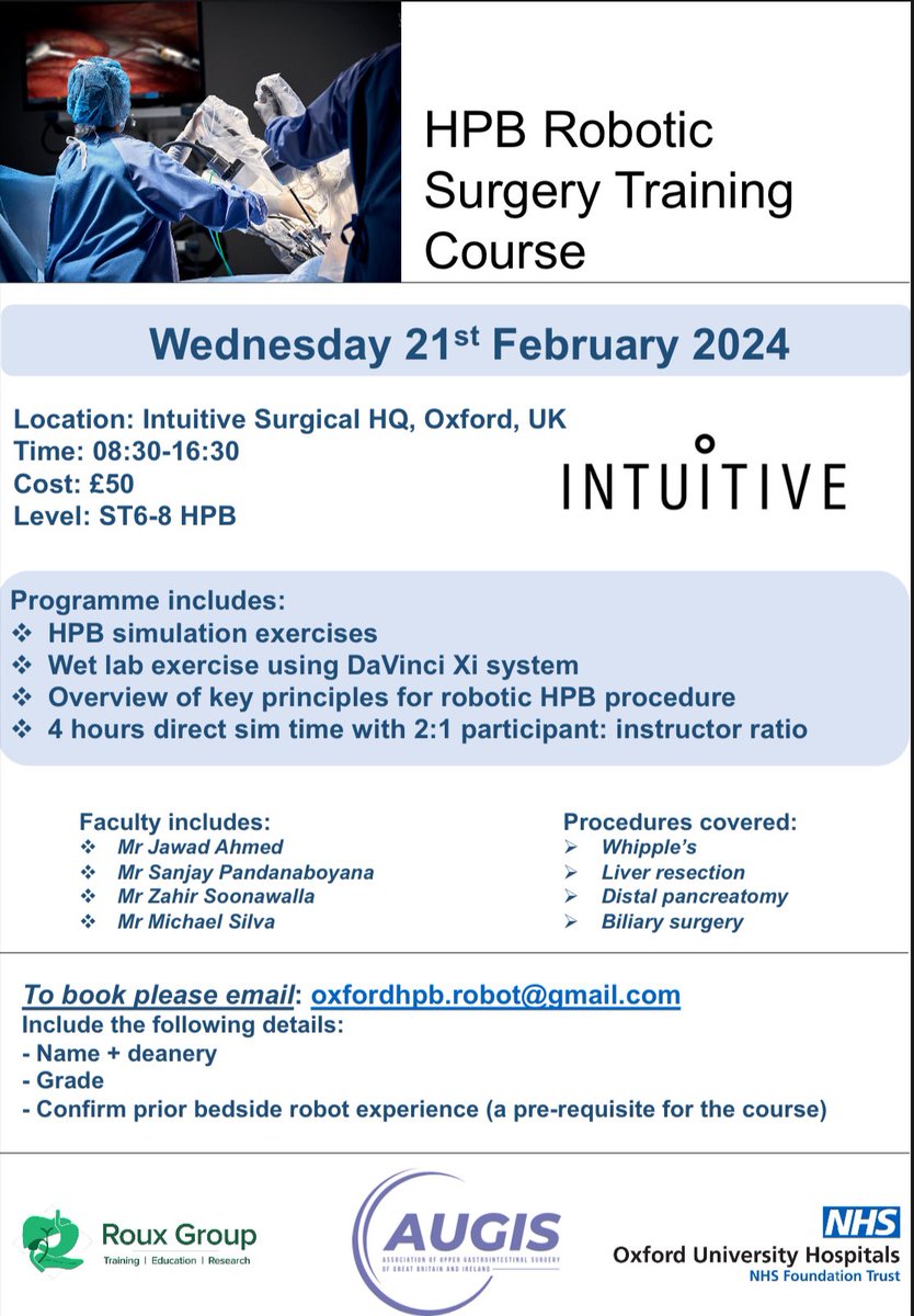 Benjamin Chan (@doctorbenchan) on Twitter photo HPB Robotic Day - 21 Feb, Intuitive HQ, Oxford.
Hands-on wet lab biliary, pancreatic & liver resections with DaVinci Xi. <a href="/Augishealth/">AUGIS</a> <a href="/roux_group/">The Roux Group</a> <a href="/OxfordHPB/">Oxford Hepatopancreatobiliary Surgery Department</a> <a href="/IntuitiveSurg/">Intuitive</a>
Zahir Soonawalla <a href="/mikesilva102/">Michael Silva</a> <a href="/sanjay_HPB/">Sanjay Pandanaboyana</a> <a href="/Jawad004/">Jawad Ahmad</a> <a href="/HollyHarris121/">Holly Harris</a> <a href="/keatonjones88/">Keaton Jones</a> <a href="/HussainAbbas_HK/">Hussain Abbas</a> HPB Robotic Day - 21 Feb, Intuitive HQ, Oxford.
Hands-on wet lab biliary, pancreatic & liver resections with DaVinci Xi. <a href="/Augishealth/">AUGIS</a> <a href="/roux_group/">The Roux Group</a> <a href="/OxfordHPB/">Oxford Hepatopancreatobiliary Surgery Department</a> <a href="/IntuitiveSurg/">Intuitive</a>
Zahir Soonawalla <a href="/mikesilva102/">Michael Silva</a> <a href="/sanjay_HPB/">Sanjay Pandanaboyana</a> <a href="/Jawad004/">Jawad Ahmad</a> <a href="/HollyHarris121/">Holly Harris</a> <a href="/keatonjones88/">Keaton Jones</a> <a href="/HussainAbbas_HK/">Hussain Abbas</a>