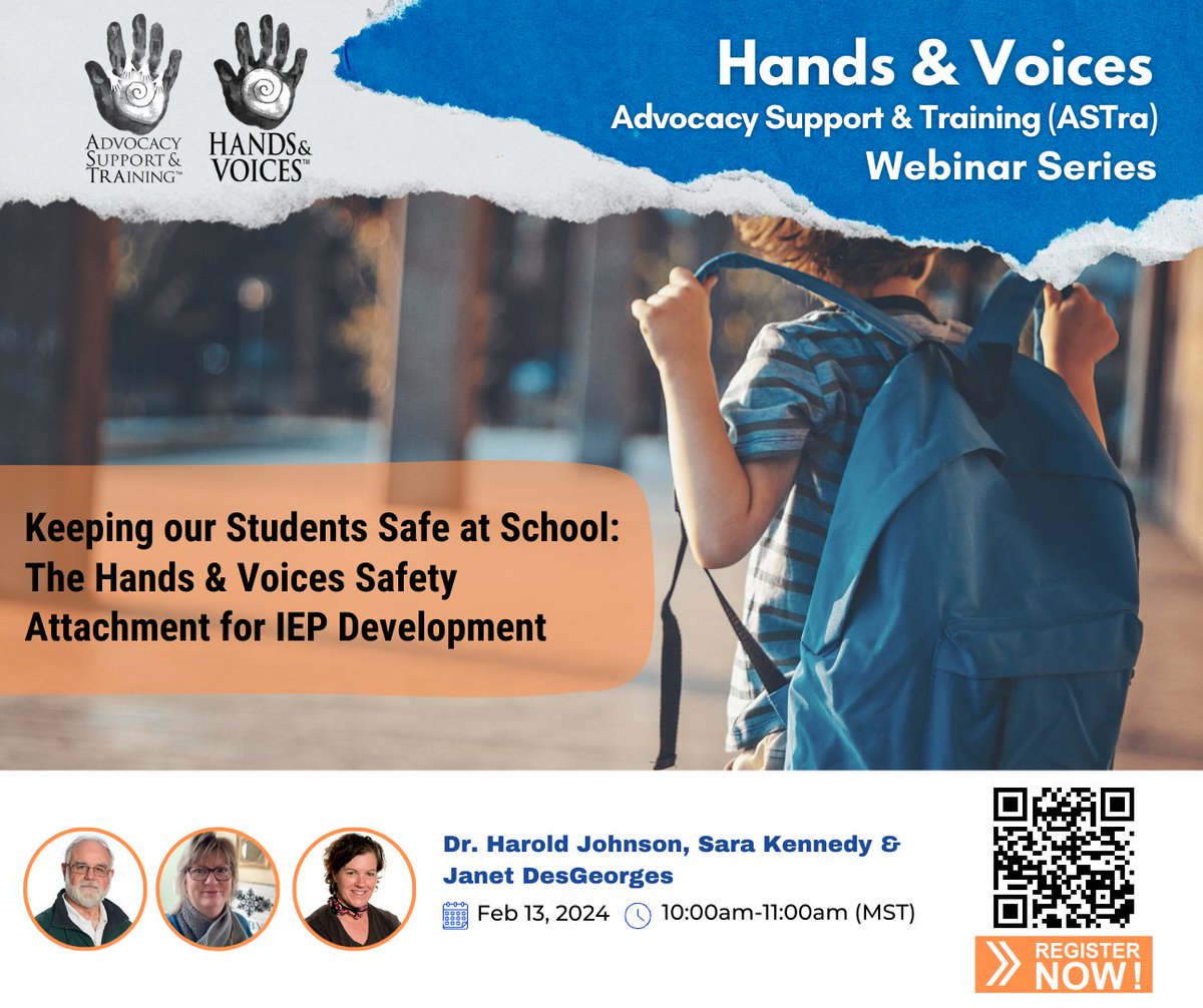 HandsandVoices's tweet photo. Keeping our Students Safe at School:  The Hands &amp; Voices Safety Attachment for IEP Development

Presented by Dr. Harold Johnson, Sara Kennedy &amp; Janet DesGeorges

Feb 13, 2024
10:00am-11:00am MST

Register Now: https://t.co/5pkbxAoIjN https://t.co/AezTJeKnVy