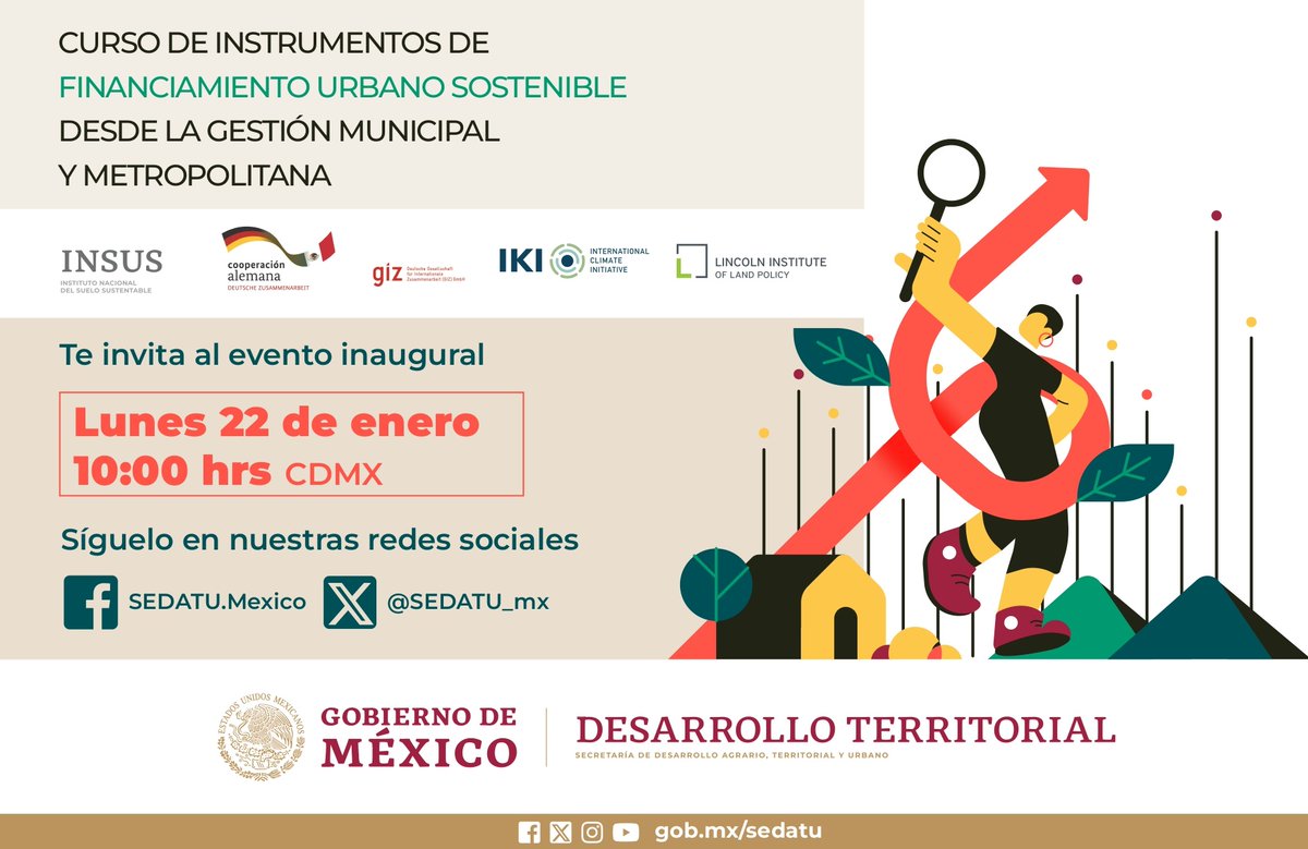 SEDATU_mx's tweet photo. Te invitamos a la inauguración del curso de 'Instrumentos de financiamiento urbano sostenible desde la gestión municipal y metropolitana'.

La cita es el próximo lunes 22 de enero a las 10:00 hrs. Síguelo en👉https://t.co/ZpqP9REO9a y no pierdas detalle. https://t.co/eO10tVFIr9