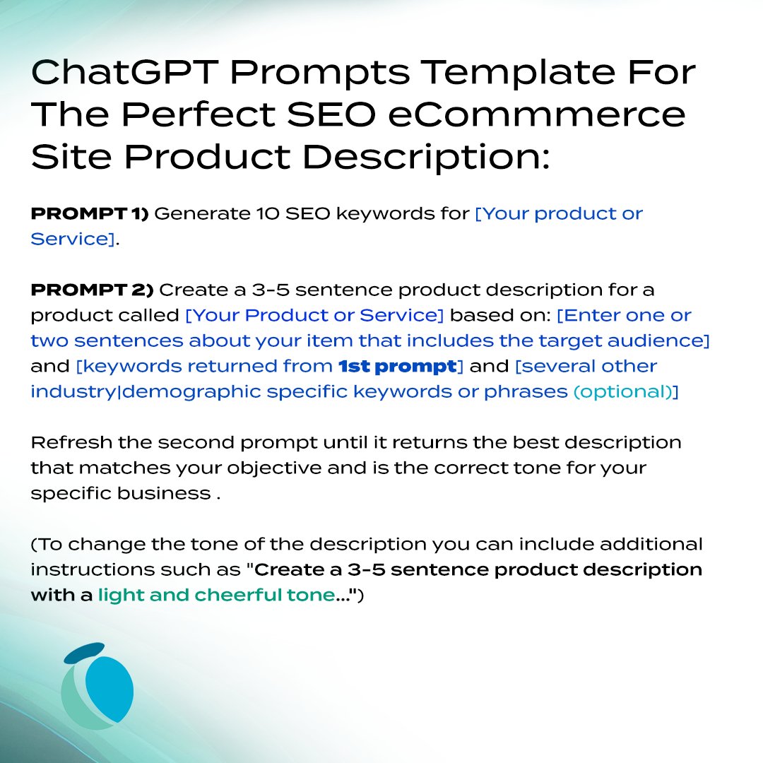 shopbotpro's tweet photo. ChatGPT Prompts Template For The Perfect SEO eCommmerce Site Product Description.

#openai #chatgpt #prompt #ecommerce #seo #digitalmarketing #smallbusiness https://t.co/l8sNCVpyhx