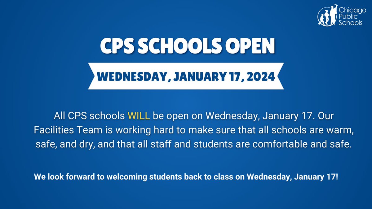 All CPS schools WILL be open on Wednesday, Jan. 17. Our Facilities Team is working hard to make sure that all schools are warm, comfortable, safe, and dry. All afterschool activities are also on. For more info: bit.ly/48MCMnU