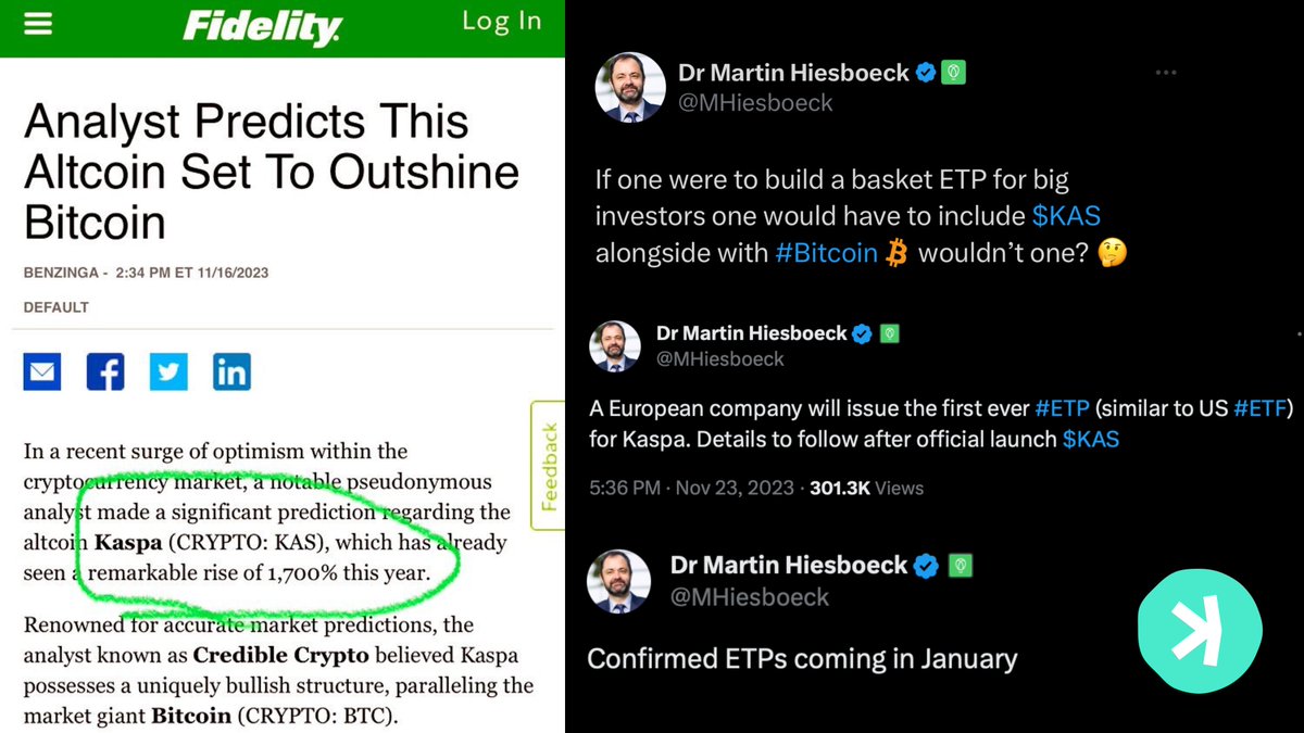 Altcoinist's tweet photo. Altcoinist #ALPHA Rabbithole:
Digital Silver - The Case for $KAS ETFs

"All roads lead to Rome... * 𐤊aspa " 

$BTC price with Gold Market cap: $698.895 (16x)
$KAS price with Silver Market cap: $57 (521x)

A thesis on how $KAS as a #PoW digital commodity could see the most ETF filings after #bitcoin and become a $1 Trillion + asset this decade.

---------------------------

CHAPTER 1

Bitcoin's Journey and Kaspa's Emergence 💹

Satoshi's Original Vision for Bitcoin:
Satoshi Nakamoto conceptualized Bitcoin as a 
peer-to-peer digital cash system, as outlined in the Bitcoin whitepaper. 

This vision was to create a decentralized digital currency that would enable direct transactions between parties without the need for intermediaries like banks.

However, over time, Bitcoin evolved primarily into a 'Digital Gold'. This shift was largely due to scalability issues. The blockchain technology underlying Bitcoin could not process transactions fast enough to function efficiently as a daily transactional currency. 

As a result, Bitcoin became more of a store of value, a digital asset that people invest in, akin to gold in the traditional financial sector.

Gold Market cap: $13.8T

$BTC = Digital Gold
Market cap: $0.84T (16X smaller)

Kaspa's Approach to Satoshi's Vision:
Kaspa is designed to actualize what Bitcoin initially set out to be – a peer-to-peer electronic cash system. Kaspa addresses the scalability issues that Bitcoin encountered, which steered it towards becoming 'Digital Gold'.

At its core, Kaspa's technological framework, particularly the BlockDAG protocol, allows for faster transaction processing and greater scalability. These advancements enable Kaspa to handle transactions at a much higher speed than Bitcoin, currently achieving 10 blocks per second on its testnet and aiming for 100 blocks per second. This improvement makes it well-suited for everyday transactions and microtransactions.

Kaspa's approach maintains the decentralized ethos of Bitcoin but optimizes transaction speed and efficiency. This positions Kaspa as a practical implementation of Satoshi's vision, facilitating quick, secure peer-to-peer transactions on a global scale.

The Trilemma Solver?

Speed and Scalability: 
Kaspa achieves a high transaction throughput, currently processing transactions at a rate of 10 blocks per second on its testnet, with goals of reaching 100 blocks per second. This is substantially faster than Bitcoin and most other cryptocurrencies.

Security: 
Despite the high speed, Kaspa maintains robust security through its unique integration of the GHOSTDAG and DAGKnight protocols, ensuring the network's security and resistance to common vulnerabilities.

Decentralization and Fair Distribution: 
Kaspa adheres to a decentralized launch model without any pre-mining or ICO, ensuring a fair and equitable distribution of its tokens. 

The network initially favored CPU/GPU miners, promoting broad coin distribution and resisting centralization. This approach has helped ensure that the largest $KAS holders own no more than a small fraction of the total circulating supply.

Potential as a Medium of Exchange and Beyond:
Kaspa's enhanced transactional capabilities position it not just as a medium of exchange but also as a platform for developing decentralized applications (dApps), making it a versatile player in the crypto space. Its use of Rust for application development highlights its potential to evolve beyond simple transactions into more complex, programmable financial and non-financial applications.

-------------------------------

CHAPTER 2 

The Digital Silver

Silver Market cap: $1.3T

$KAS Digital Silver
Market cap: $2.49B (521X smaller)

$KAS as Digital Silver: 
Compare $KAS to Bitcoin, emphasizing its potential as 'Digital Silver' in the crypto world, similar to how silver relates to gold in traditional finance. Comparing $KAS to Bitcoin in terms of their roles in the crypto world is akin to the relationship between silver and gold in traditional finance. 

Bitcoin, often termed 'Digital Gold', is prized for its status as a store of value, underpinned by its scarcity and widespread recognition. Similarly, Kaspa ($KAS) could be viewed as 'Digital Silver', offering its own unique set of characteristics

Utility and Accessibility:
Just as silver is more abundant and used more for industrial purposes than gold, $KAS's enhanced transaction speeds and scalability make it more suited for everyday transactions and practical applications in the digital world. Unlike Bitcoin, which is often held as a long-term investment, $KAS is poised to be more frequently circulated and used in a variety of digital financial activities.

Value and Investment Potential:
In traditional markets, silver has a lower value than gold but is still a significant investment asset. Similarly, while Bitcoin holds a higher market value and recognition, Kaspa’s potential as 'Digital Silver' lies in its utility and the possibility of widespread adoption, which could drive its value as an investment asset.

Technological Edge:
Kaspa's technological advantages, particularly its BlockDAG protocol, position it as a more efficient option for digital transactions, akin to how silver's physical properties make it suitable for various industrial uses. This technological edge could make $KAS a key player in the future of decentralized finance and applications.

Market Position:
While Bitcoin remains the first and most recognized cryptocurrency, Kaspa represents the evolution and diversification of the crypto market. Its unique features could attract a different segment of investors and users, similar to how silver appeals to different market sectors compared to gold.

Kaspa's role as 'Digital Silver' complements Bitcoin's 'Digital Gold,' offering a different set of benefits and opportunities in the cryptocurrency ecosystem. Its potential for widespread use in transactions and applications, combined with its technological strengths, positions $KAS as an important asset in the evolving digital finance landscape.

CHAPTER 3 - The case of the $KAS ETF

The New Digital Gold Rush

History is repeating itself once again... This isn't the first time in human history we have seen individuals equipping themselves with tools in order to enable themselves to invest Time & Energy (PoW) and obtain something scarce/tradeable. 

The gold rush took place in the 19th century, although there wasn't much of a difference. We're currently witnessing the same event with 
With proof-of-work cryptocurrencies, miners are rushing to find the next hidden gold-abundant valley.

The Valley of $KAS

Right after Bitcoin, Kaspa is now the second most mined cryptocurrency. 

Miners = Smart Money.

Smart money spots sound and stateless money. In other words, the smart, experienced miners back then knew what signs indicated gold. 

We're seeing these experienced miners all rushing to "Kaspa Valley" in order to be one of the first few, though there are only more and more of them coming in the foreseeable future. 

Kaspa's Hashrate has seen an astonishing rise over the last couple of months. Signaling us smart money is here. Price correlates with the hash rate, and Bitcoin's hash rate/Price history backs that claim. 

It is naive to think $KAS stays under the radar of institutions. 

Kaspa meets all the requirements Bitcoin did in order to get an ETF approved.

$KAS has the same chances for ETF approval as $BTC... If not better

Attributes both $BTC and $KAS shares:

Limited Supply:
$KAS has a maximum supply of approximately 28.7 billion coins, creating a level of scarcity similar to finite commodities. Although not as rare as $BTC, Kaspa was designed in order to manifest Satoshi's original vision of a P2P stateless cash.

Proof of Work Mining: 
$KAS utilizes a PoW consensus mechanism similar to Bitcoin, involving miners who compete to secure the network and earn rewards.

Decentralized: 
$KAS is accessible globally, allowing users to trade and invest from anywhere with an internet connection.

Diversification: In the case of ETFs targeting TradFi capital, just like Bitcoin and Gold, Kaspa can potentially be used for portfolio diversification in the cryptocurrency market.

Fun Facts...

Fidelity - $4.5 Trillion AUM

Recently, an article came out on @Fidelity 's website talking about Kaspa as a potential Institutional asset.
Given that It's fully decentralized + #PoW + similar to Bitcoin's characteristics + Retail interest, it makes sense to see a $KAS ETF in the near future.

Martin Hiesboeck - Uphold

@UpholdInc 's Head of Research @MHiesboeck shared a couple of interesting tweets that signal Institutional interest in Europe. ETP's for $KAS are being prepared to launch in Europe.... 

Altcoinist Conclusion:

After a decade-long fight, 11 spot #bitcoin ETFs have been approved by the SEC, and there are other large-cap crypto waiting for ETF approvals ( $ETH ), however, if you understand fundamentals, $KAS should get ETF approval maybe even earlier than $ETH given its commodity nature and similarity to Bitcoin. 

Other logical (but not commodity) ETFs filings in line could be $XRP or $LINK... But for now, let's see how the digital asset realm evolves from this pivotal point...

Retweet appreciated! 👽📈