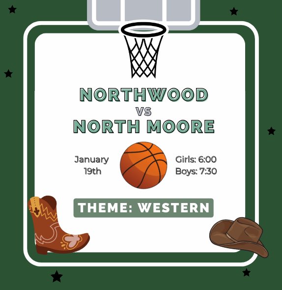 Show out this Friday to support the chargers as they take on North Moore!! Let’s get loud‼️

Theme: Western🤠

🗓️ January 19th
⏰ Girls at 6, Boys at 7:30
📍 Northwood Gym 

#ALLN