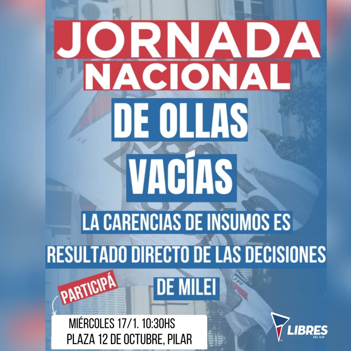 JORNADA DE LUCHA NACIONAL ✊
¡ABAJO EL DNU, ABAJO EL AJUSTE!

Este miércoles  17/1 Libres del Sur junto a otros espacios políticos, gremiales, comunitarios realizarán una Jornada Nacional en contra del DNU que Javier Milei pretende imponer. 

#AbajoelDNU
