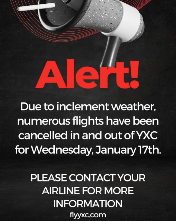cityofcranbrook's tweet photo. From the Canadian Rockies International Airport (January 16, 2024): “We have been advised of numerous flight cancellations at YXC, Wednesday, January 17th, due to anticipated heavy snowfall. Please contact your airline for additional information and stay safe.” #Cranbrook #flyyxc https://t.co/5p3Ja5KOZe