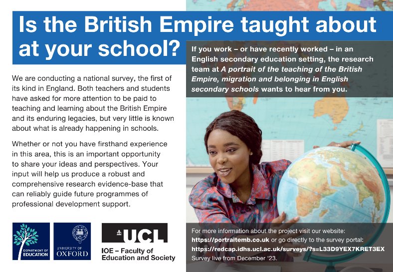 Is the British Empire taught about in your school or classroom? Friends @portraitemb are calling on teacher colleagues in English secondary schools to share their experiences in landmark research. Pls take part in their @ucl @UniofOxford national survey redcap.idhs.ucl.ac.uk/surveys/?s=L33… RT