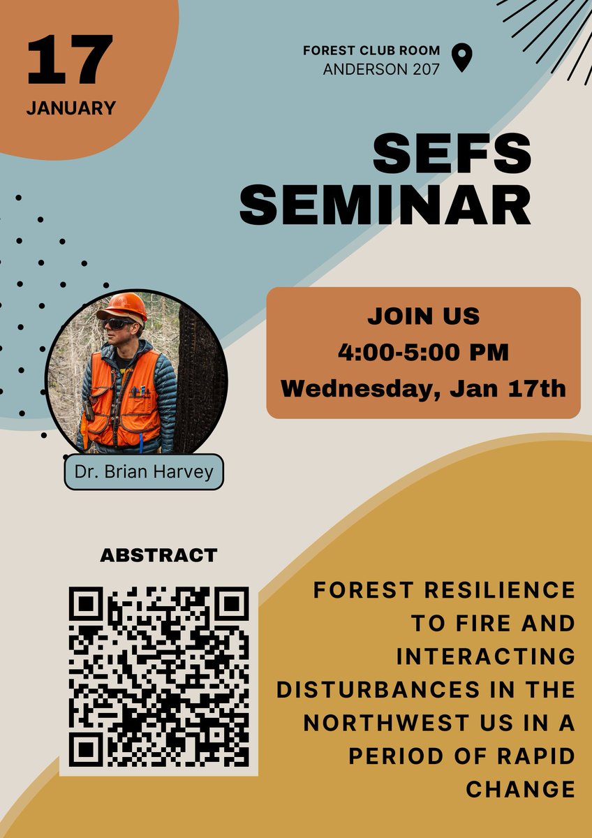 Join us on Jan. 17th from 4-5 pm in the Forest Club Room as Dr. Brian Harvey presents: Forest resilience to fire and interacting disturbances in the northwest US in a period of rapid change For the full schedule of upcoming seminar speakers, see here: sefs.uw.edu/2024/01/sefs-s…