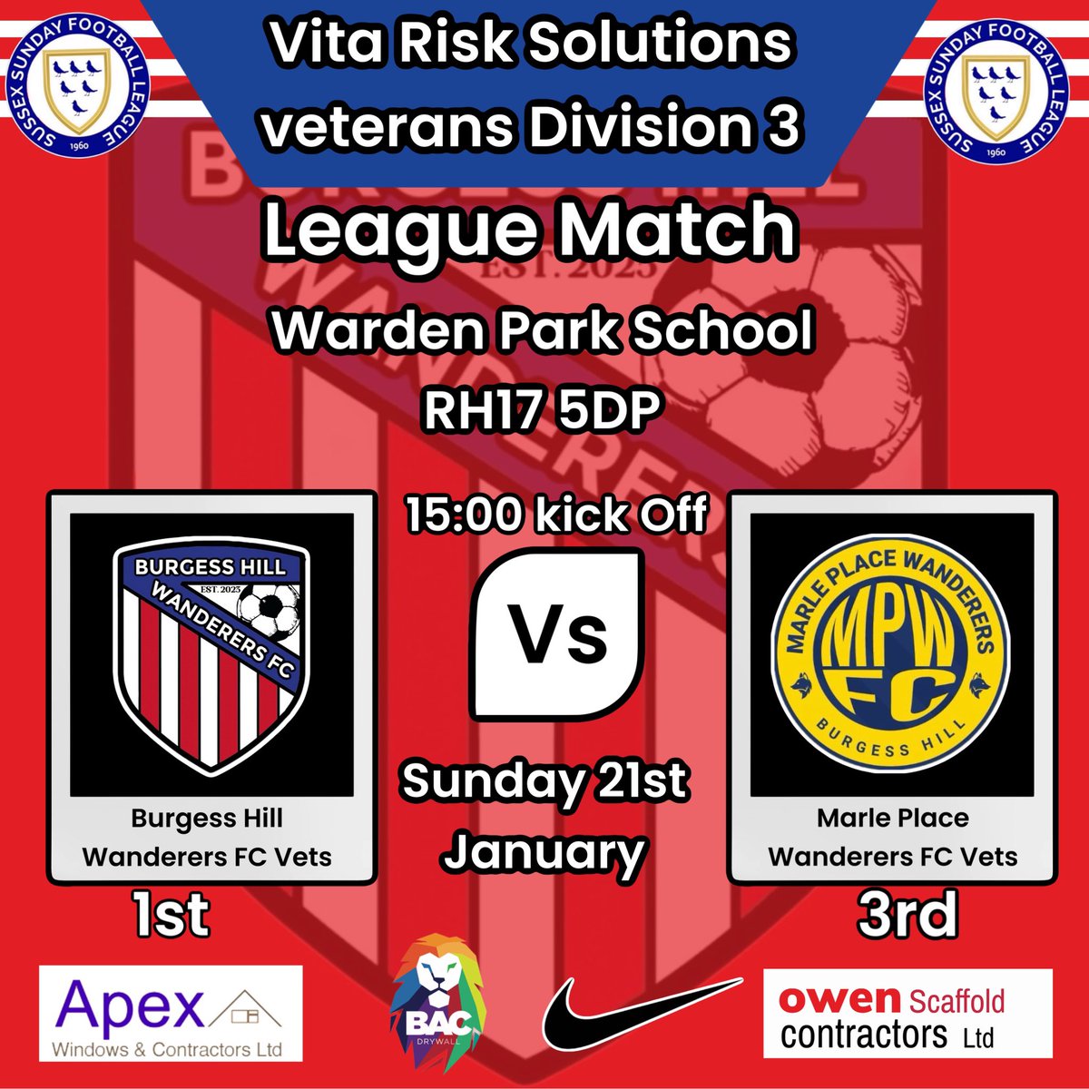 Next up for the lads in the @ssfl1960 is a local Derby against @mpwanderers Vets @ Warden Park 3pm Kickoff #battleofthewanderers #localderby #vetsfootball @apexwindows67 @nike