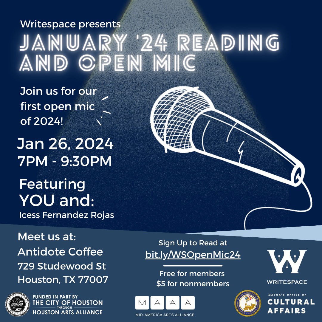 WritespaceHTown's tweet photo. Join us for our first #Reading and #OpenMic of 2024! Featuring @Icess and YOU! Check out the link for info.
https://t.co/5G4EBsNUC9
#HoustonEvents #HTownEvents #HoustonWritingCommunity #HTownWritingCommunity #HTownPoets #HoustonPoets #HTX #HoustonOpenMic #HTownOpenMic https://t.co/OVPDCcgLS4