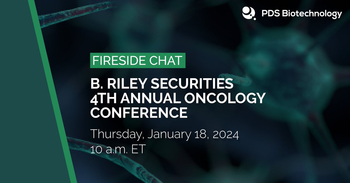 PDSBiotech's tweet photo. Our CEO Frank Bedu-Addo, PhD, will participate in a fireside chat at the #virtual B. Riley Securities 4th Annual #Oncology Conference on Thursday, January 18, 2024, at 10:00 AM ET. https://t.co/xpnis4jUx2 $PDSB https://t.co/dDOGXKKnQs