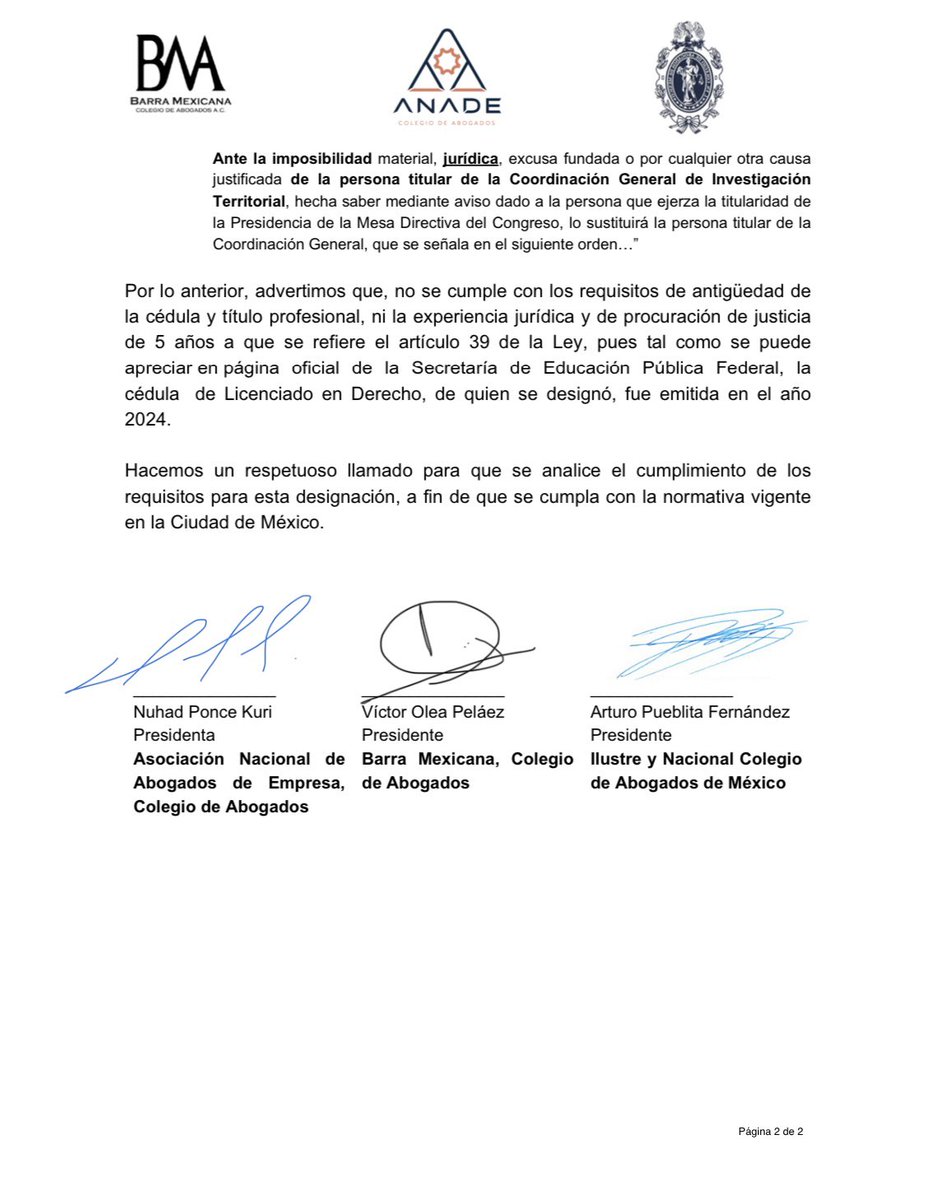 Comunicado relativo a la titularidad de la Fiscalía General de Justicia de la Ciudad de México

Comunicado conjunto de <a href="/ANADEcolegio/">ANADE Colegio</a> <a href="/BMA_Abogados/">Barra Mexicana, Colegio de Abogados A.C.</a> <a href="/INCAM_Abogados/">Colegio de Abogados</a>