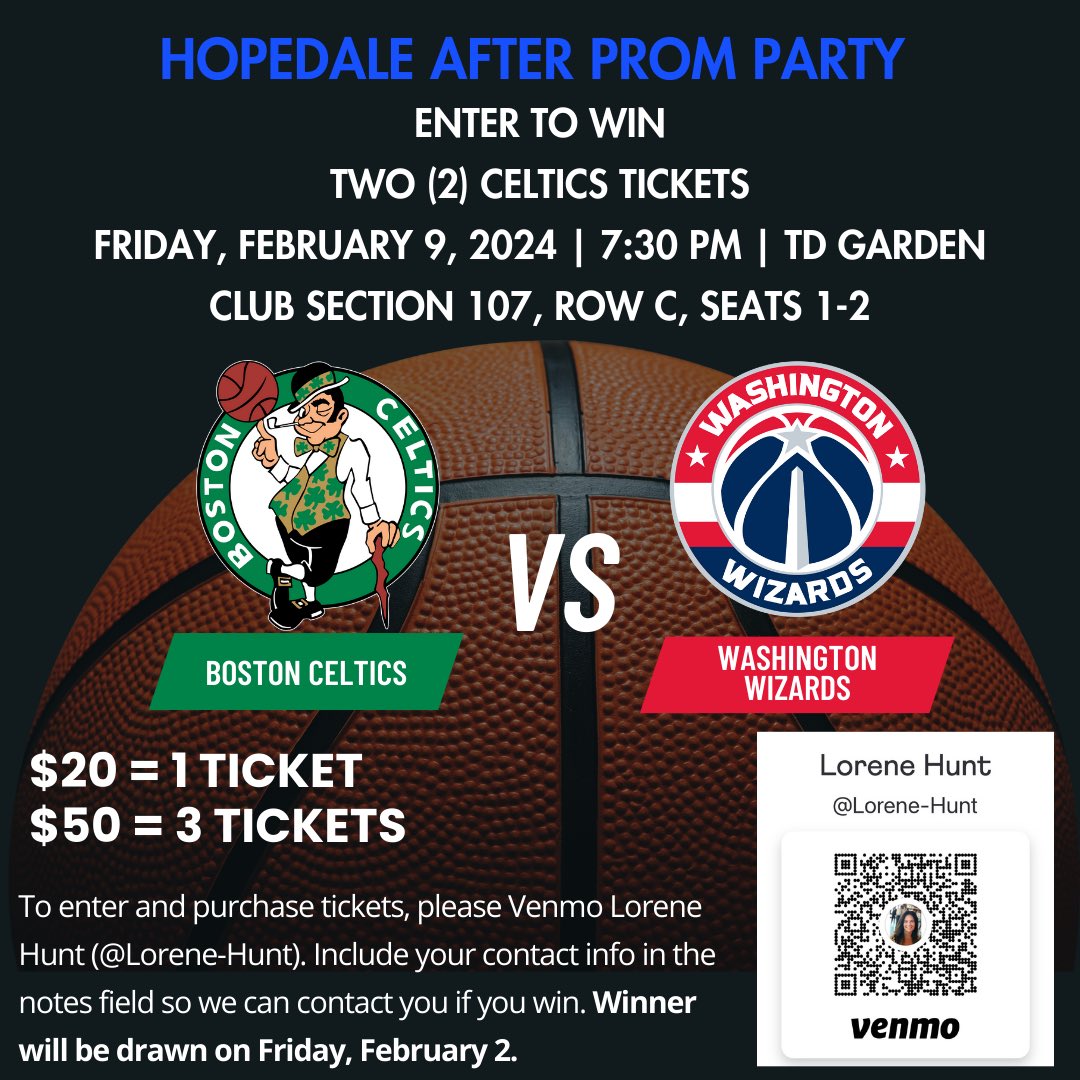 HopedaleAPP's tweet photo. Please consider supporting the After Prom Party by entering for a chance to watch the Celtics take on the Wizards from some great seats! 🏀🍀 https://t.co/PJ8OMmq5OW