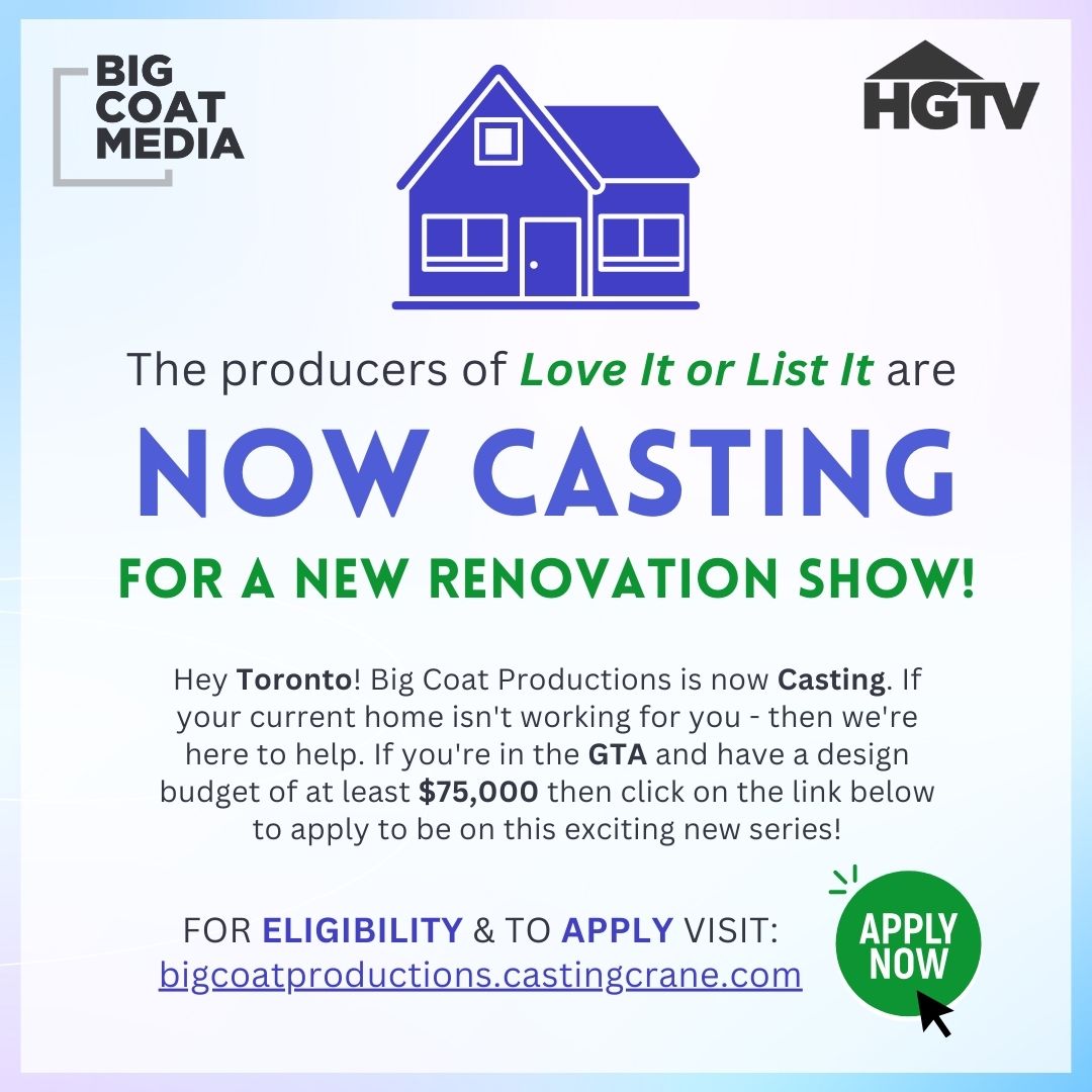 Big_Coat's tweet photo. Hey Toronto! Great news Big Coat Productions is now CASTING. If your current home isn't working for you - then we're here to help!

APPLY HERE: https://t.co/0woWSlFitn

#toronto #gta #casting #castingcall #homerenovation #television https://t.co/ETQwcRIDg0