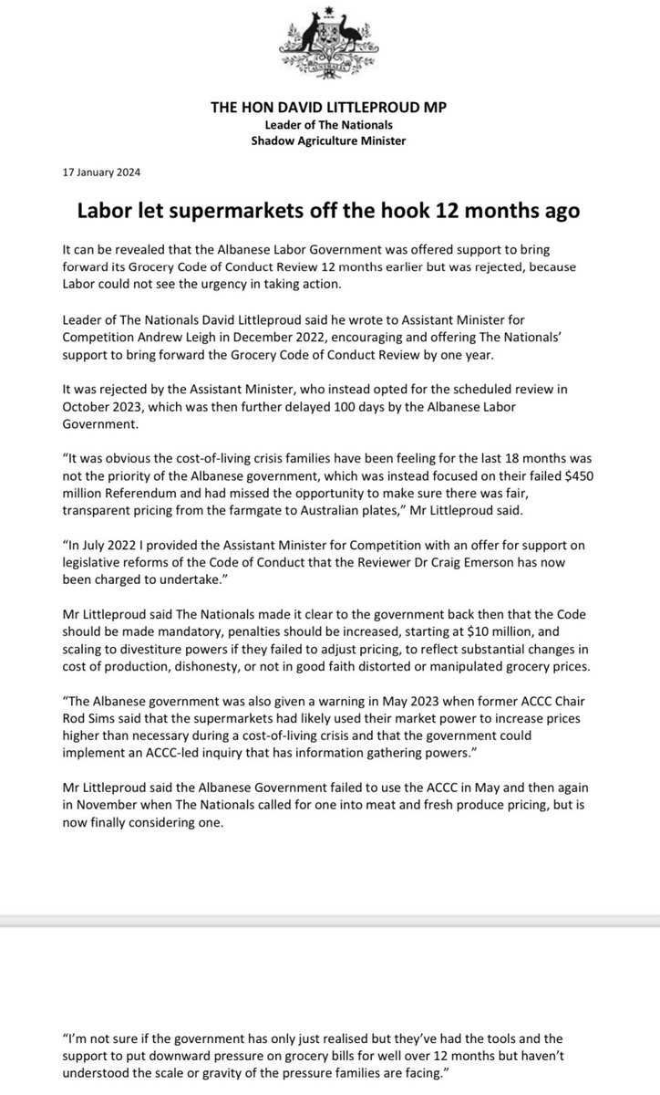 D_LittleproudMP's tweet photo. I wrote to the Labor Government 12 months ago offering our support to kickstart action into the supermarkets. They didn’t see it as a priority &amp; simply aren’t up to the job. https://t.co/ThRD5DVqfT