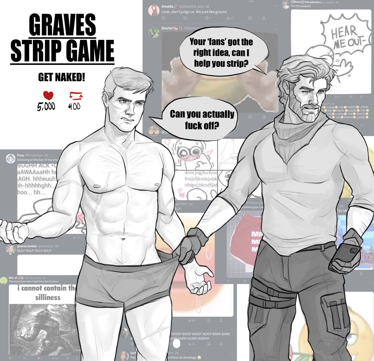 MumbleHumbles's tweet photo. Almost done with the Phillip Graves strip game! Got a cameo from Chris this time. Now you guys get to vote on who ‘helps’ Graves fully undress ;) There will be a poll in the comments https://t.co/dRrGRWtEl3