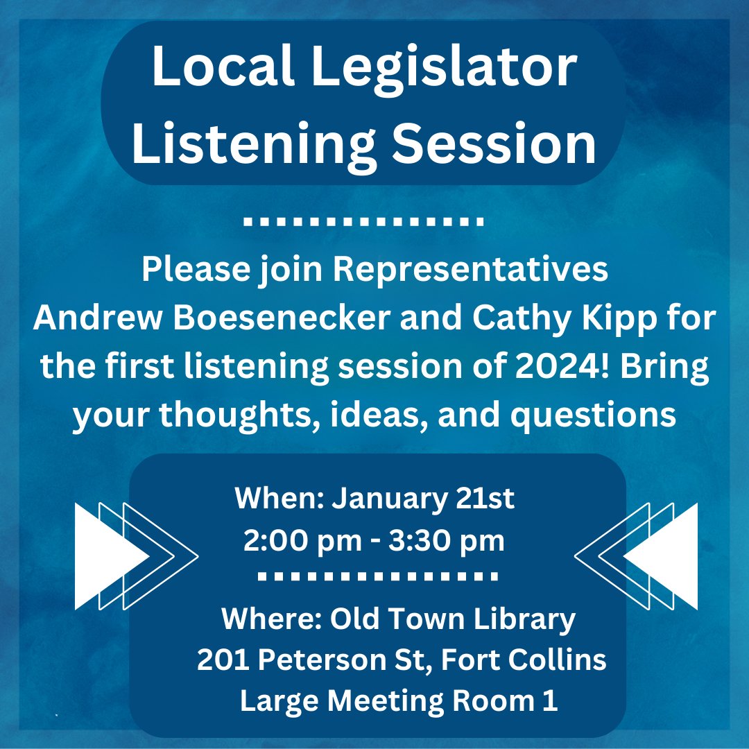 Please join Rep. Boesenecker and me this Sunday at the Old Town Library from 2:00 to 3:30pm for our first listening session of the year. Come have your thoughts heard and ask any questions you may have.