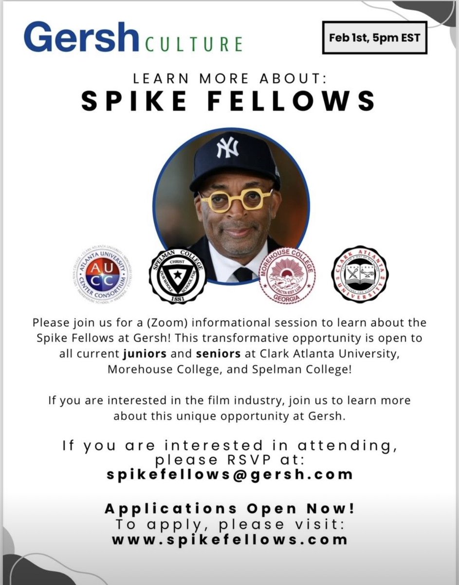 CreativeWOC's tweet photo. The Spike Fellows Gersh application is now live! Open to all current junior &amp; senior students at Clark Atlanta, Morehouse &amp; Spelman. Learn more &amp; apply by 3/1: https://t.co/XsIpJZcQiu

They will have an informational on 2/1 at 5pm EST. RSVP at: spikefellows@gersh.com https://t.co/wrH7XM6j7t