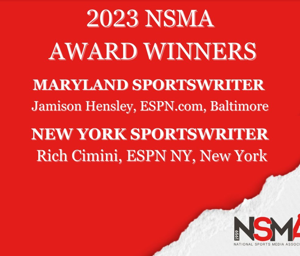Congrats to a pair of veteran ESPN #NFL Nation reporters who earned @NSMASportsMedia Sportswriter of the Year awards today: 🏈 @jamisonhensley #RavensFlock 🏈 @RichCimini #TakeFlight Full state by state NSMA list: bit.ly/3O5msqy