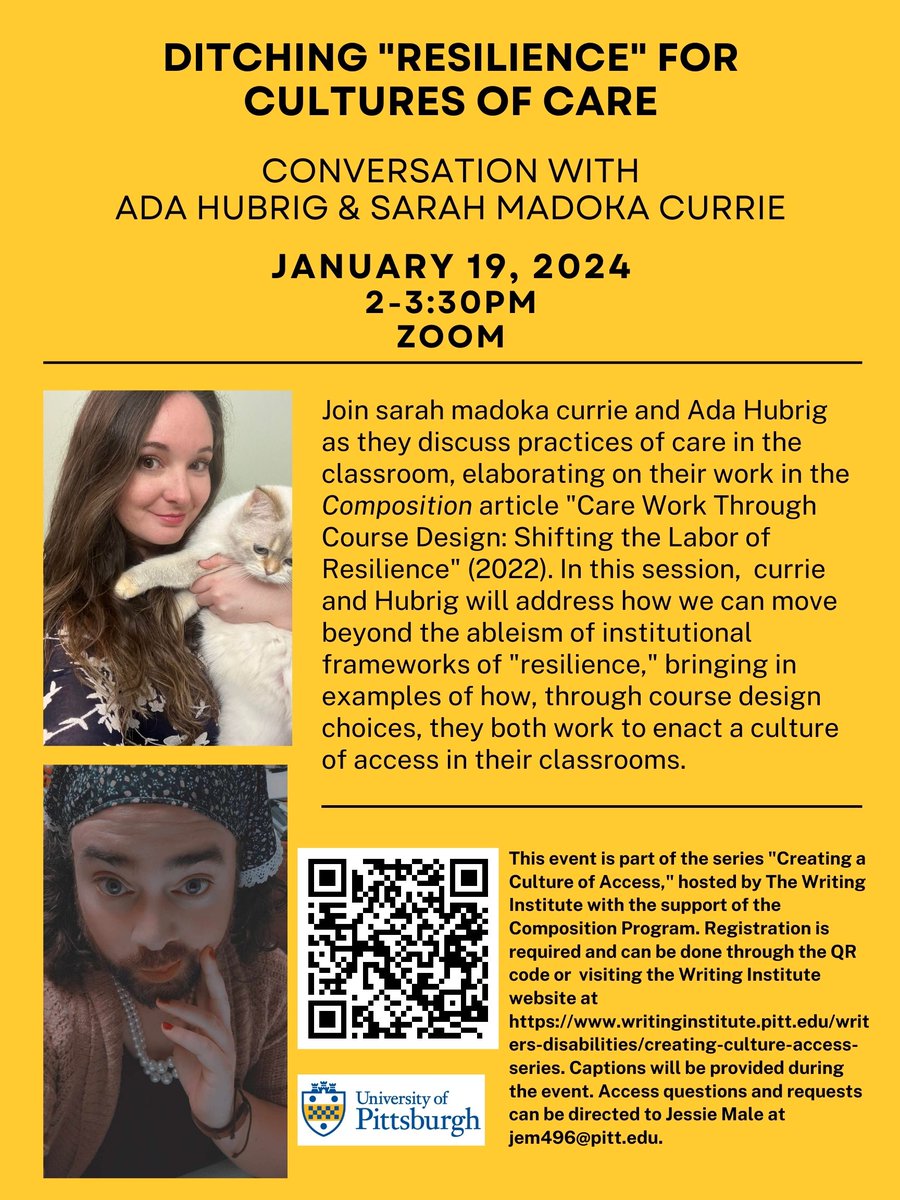 We're thrilled to share the first event in the 2024 Creating a Culture of Access series! We will be joined, via Zoom, by <a href="/AdaHubrig/">Ada Hubrig</a> and <a href="/kawaiilovesarah/">sarah madoka currie / クリ窓花</a>, leading a conversation on "Ditching 'Resilience' for Cultures of Care." 1/19 from 2-3:30. Pre-registration required.