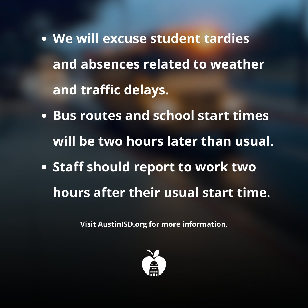 ❄️ Winter Weather Update

Due to ongoing freezing temperatures, Austin ISD is delaying the start time for all classes, buses and offices by two hours tomorrow, Wednesday, Jan. 17.

Full story here 🔗:bit.ly/48SOa1w

🧵/4