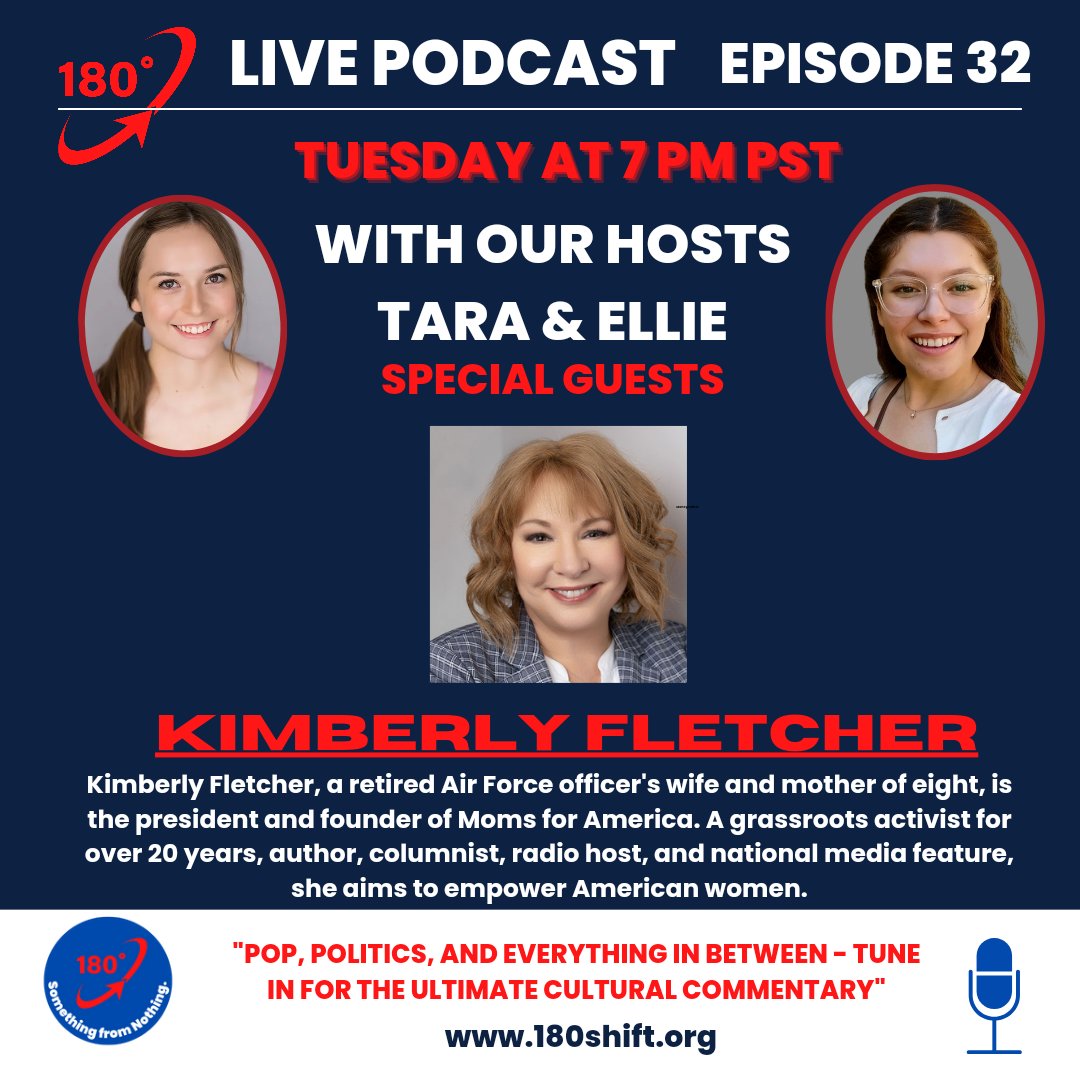 180shift's tweet photo. We are privileged to welcome Kimberly Fletcher, Founder and President of Moms for America, to our studio. Join us tonight at 7 PM on Facebook or YouTube for this exclusive event. #momsforamerica #empoweringwomen #promotingliberty #raisingpatriots #GenZ #180shiftpodcast https://t.co/Ya50DYzuKV