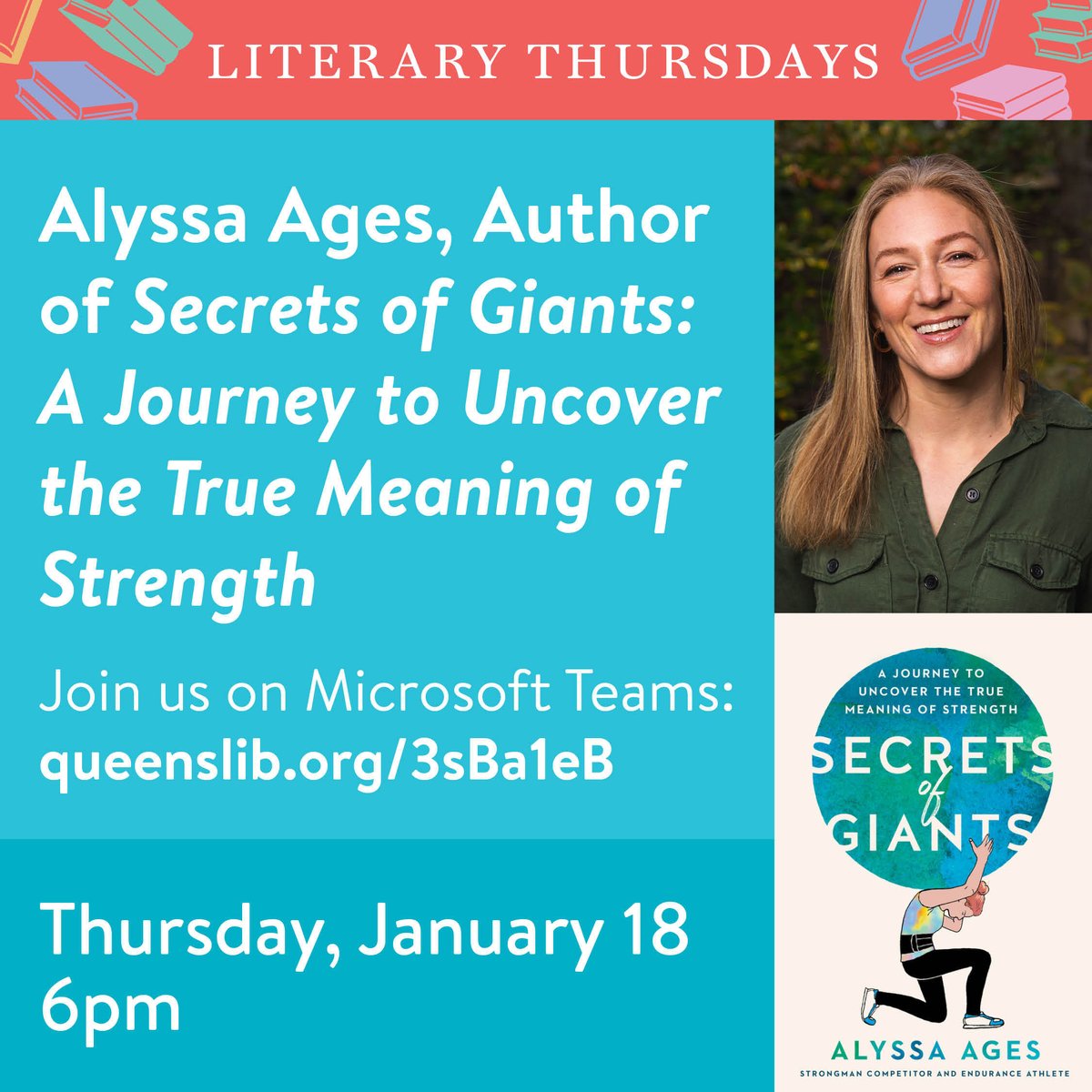 Queens Public Library (@qplnyc) on Twitter photo Our Literary Thursdays series continues with <a href="/AlyssaAges/">Alyssa Ages</a>, the author of "Secrets of Giants: A Journey to Uncover the True Meaning of Strength."
Join us on January 18 at 6PM! queenslibrary.org/calendar/liter… Our Literary Thursdays series continues with <a href="/AlyssaAges/">Alyssa Ages</a>, the author of "Secrets of Giants: A Journey to Uncover the True Meaning of Strength."
Join us on January 18 at 6PM! queenslibrary.org/calendar/liter…