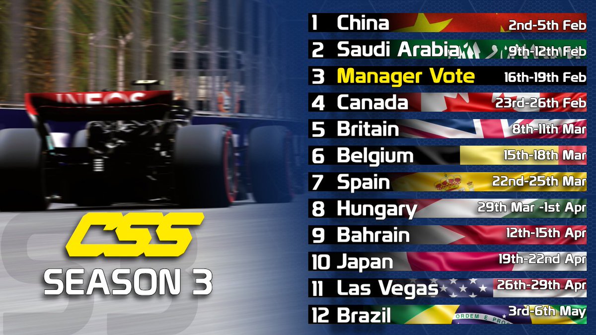 📣SEASON 3 CALENDAR

We get started this Friday with the qualifiers for PC in Imola then Sunday for PS and Monday for Xbox!

R3 will be a mystery to the viewers but will the managers even be told? 🤔

Rounding F1 23 off in Brazil with Interlagos🌊

What race will be best?

#CSSS3