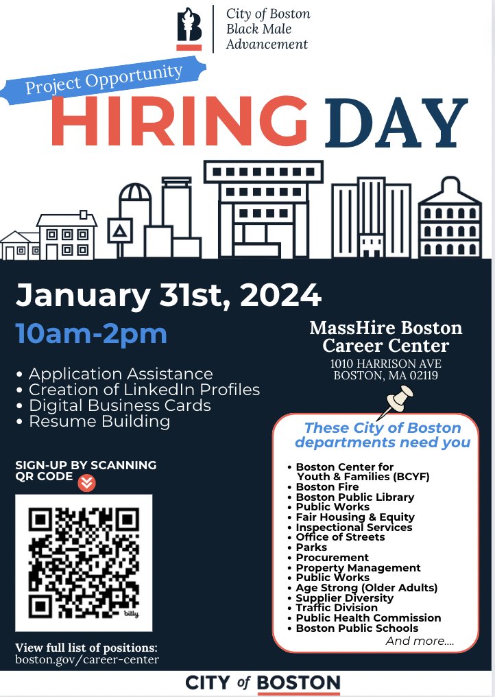 OfficeofBMA's tweet photo. As the @OfficeofBMA continues to ensure Black men and boys have equitable access to opportunities in the City, we invite you to our HIRING DAY at the end of this month. Join us for application support for City of Boston jobs, along with other valuable  resources 💼 https://t.co/ck2CT1kFKC