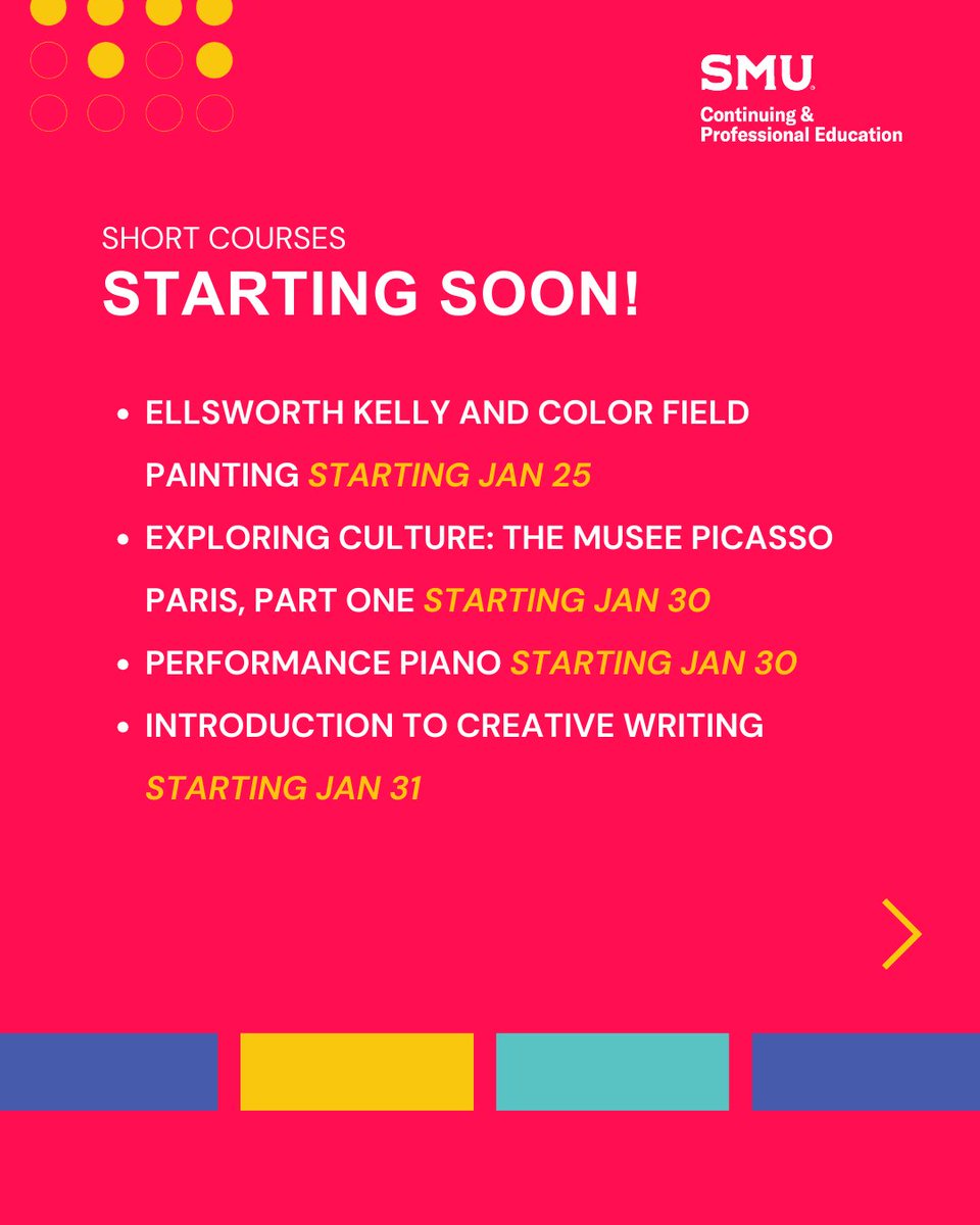 SMUCAPE's tweet photo. Starting Soon!

Kickstart your new year with a short course! 

 Don't miss out! Browse our short courses at https://t.co/WXlx4DNtCi to get started. https://t.co/grp7s5dyIR