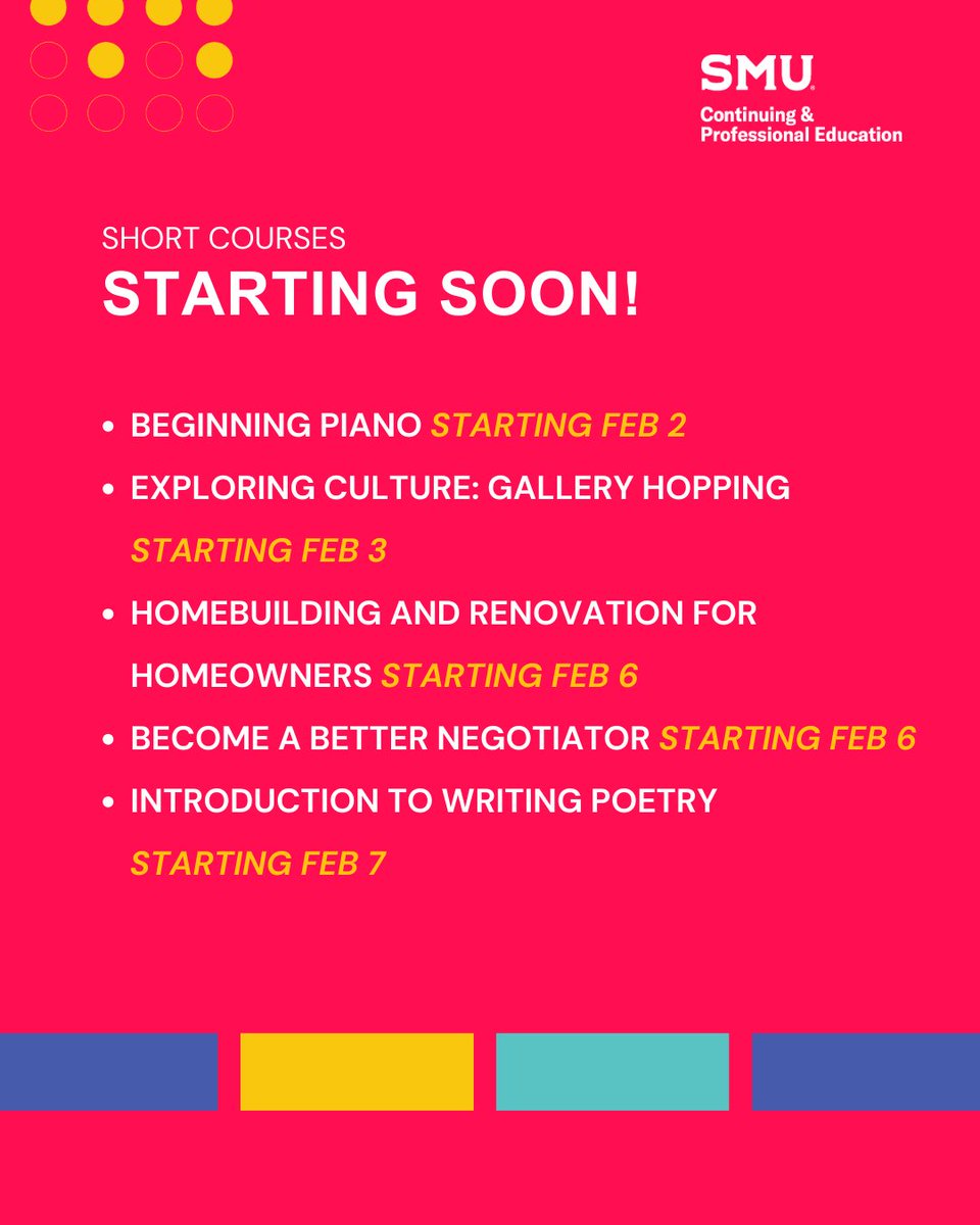SMUCAPE's tweet photo. Starting Soon!

Kickstart your new year with a short course! 

 Don't miss out! Browse our short courses at https://t.co/WXlx4DNtCi to get started. https://t.co/grp7s5dyIR