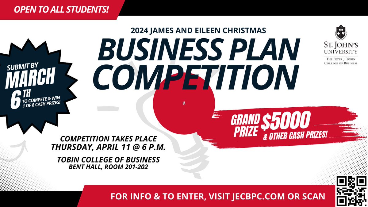 tobincollege's tweet photo. Attention all @stjohnsu students! 2024 James &amp; Eileen Christmas Business Plan Competition is OPEN! $8k in cash prize$, with $5k grand prize! Submit 15-page #business plan by March 6 to be eligible to #compete @stjohnstobin. https://t.co/4EK5v8Z3CG for info &amp; to enter. Good luck! https://t.co/NfiV2wQNoT