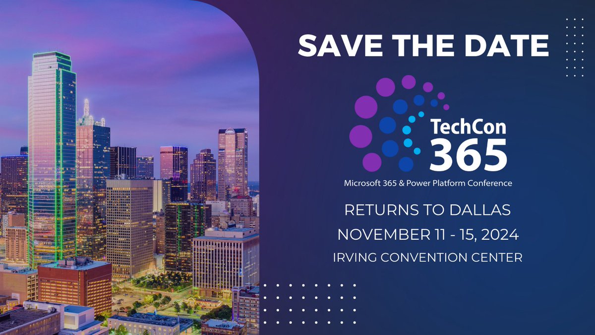 TechCon 365, PWRCON & DATACON (@techcon365) on Twitter photo We're excited to share some fantastic news with you – TechCon365, formerly known as 365 EduCon, is making its triumphant return to Dallas, TX - November 11-15, 2024!!
Learn More: techcon365.com/Dallas/
#techcon365 #Microsoft365 #powerplatform We're excited to share some fantastic news with you – TechCon365, formerly known as 365 EduCon, is making its triumphant return to Dallas, TX - November 11-15, 2024!!
Learn More: techcon365.com/Dallas/
#techcon365 #Microsoft365 #powerplatform