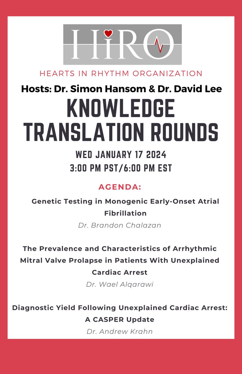 Hearts in Rhythm Organization (@heartsinrhythm) on Twitter photo Don't miss the next edition of HiRO KT Rounds happening virtually tomorrow at 3:00 pm PST/6:00 pm EST!
We invite all healthcare providers, researchers, and patient/family members to join. Email admin.hiro@ubc.ca to RSVP.
View past HiRO KT Rounds here hiro.heartsinrhythm.ca/?p=knowledge_t… Don't miss the next edition of HiRO KT Rounds happening virtually tomorrow at 3:00 pm PST/6:00 pm EST!
We invite all healthcare providers, researchers, and patient/family members to join. Email admin.hiro@ubc.ca to RSVP.
View past HiRO KT Rounds here hiro.heartsinrhythm.ca/?p=knowledge_t…